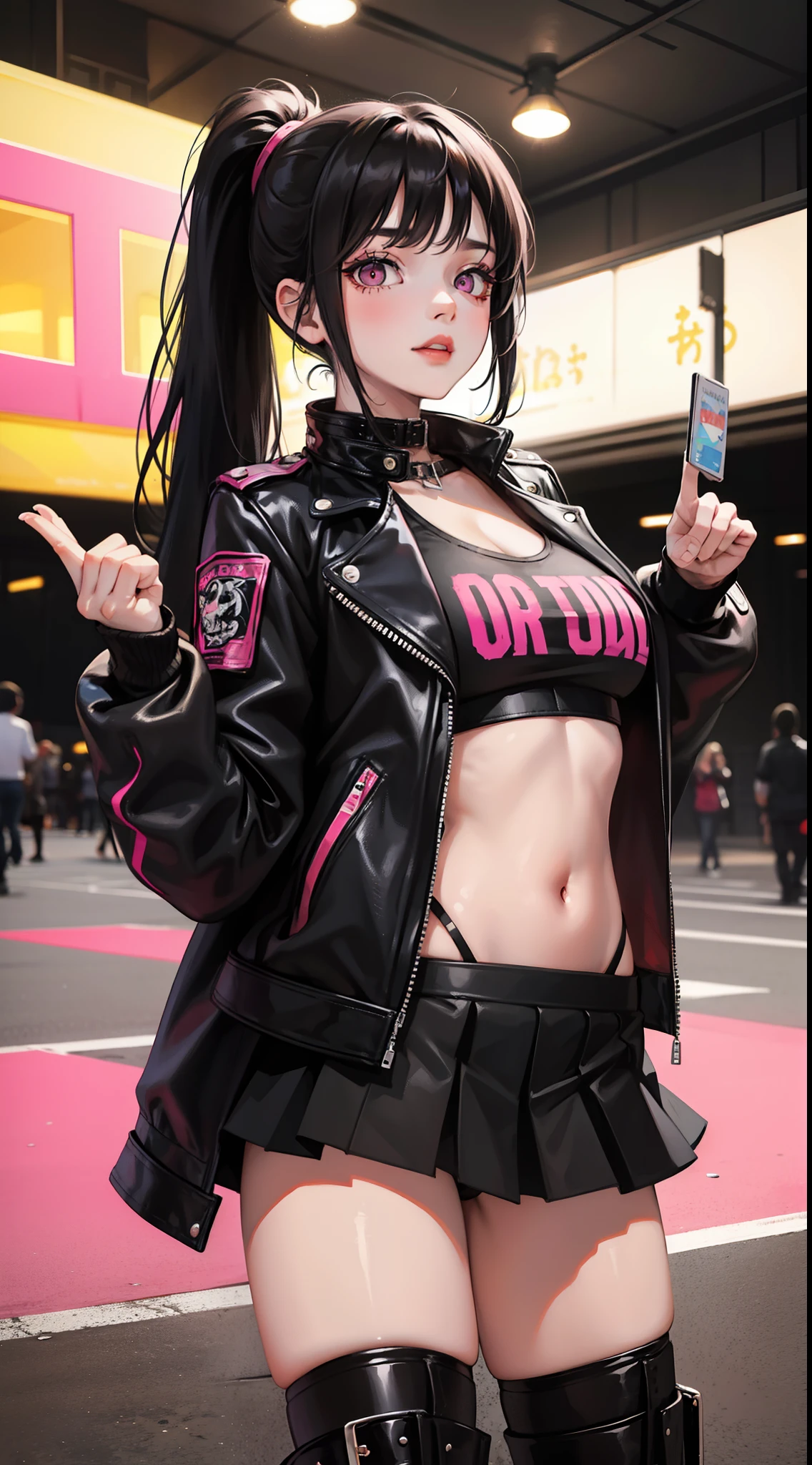 young girl, Long black hair in two ponytails, pink eyes, punk, leather jacket, Upskirt, open belly, open breasts, Masterpiece, hiquality
