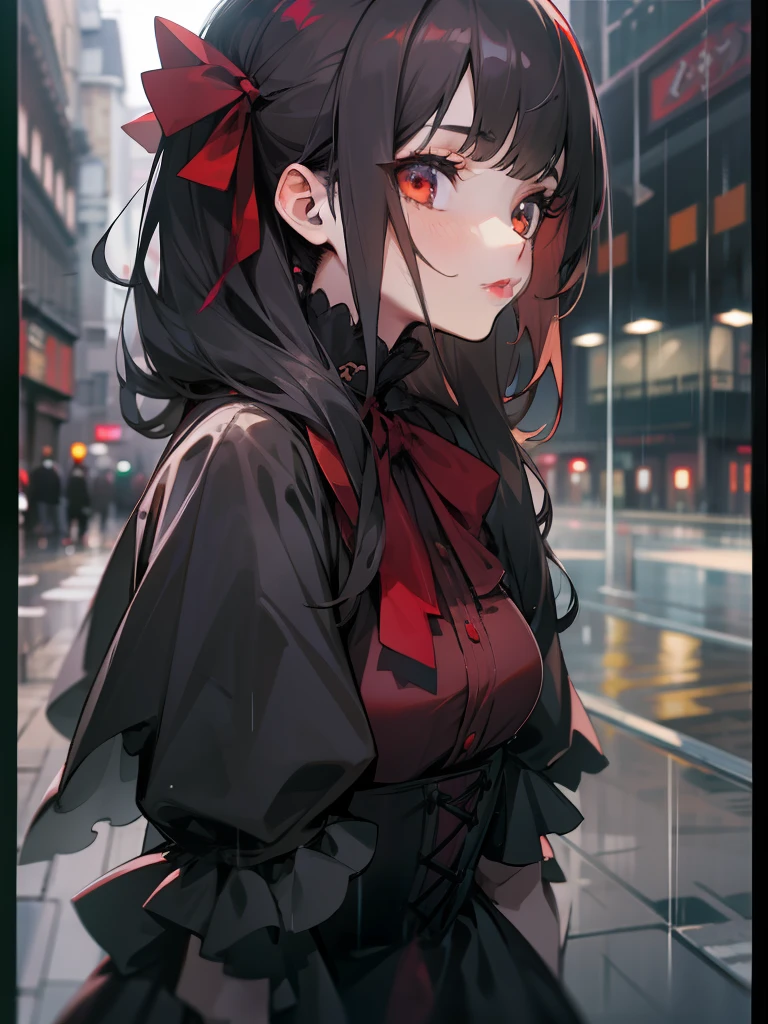 Akihiko Yoshida, Black Gothic ta dress, greyt hair, Golden Eyes, Downtown Tokyo, bright red lips, Strong Perspective, closes mouth, Upper body portrait, Tied hair, natta, Heavy rain, blurry backround