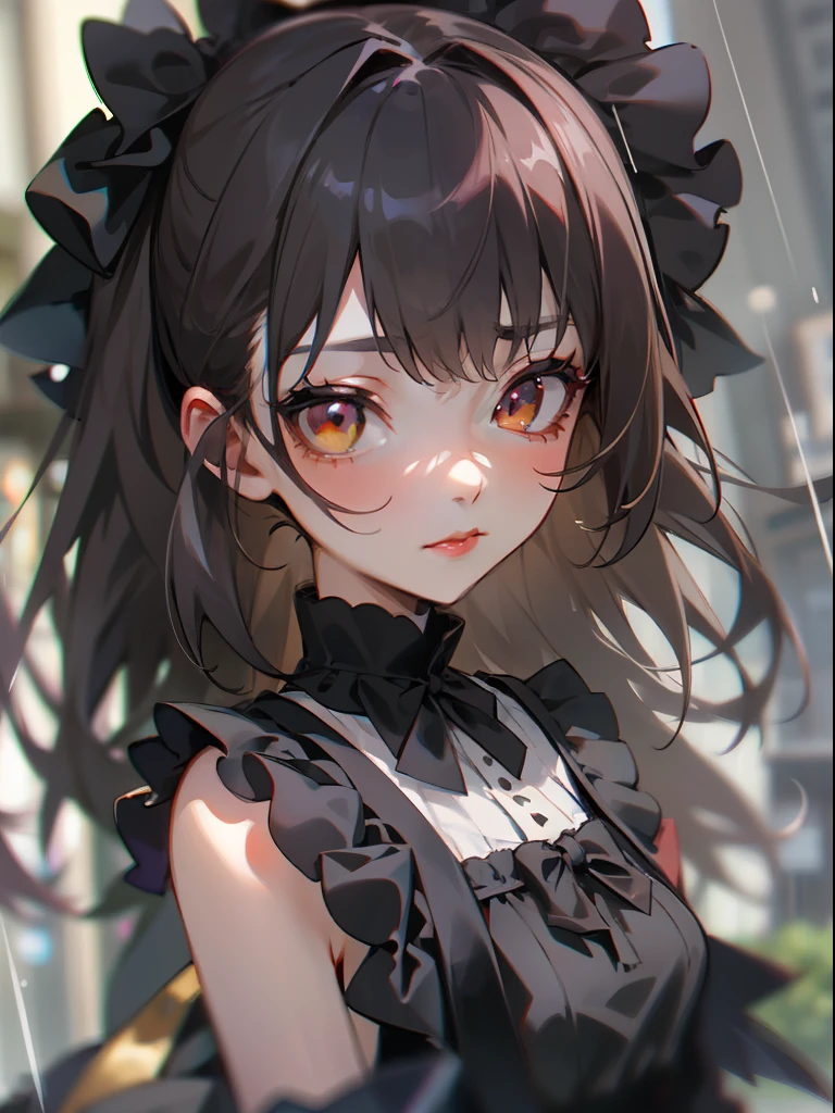 Akihiko Yoshida, Black Gothic ta dress, greyt hair, Golden Eyes, Downtown Tokyo, bright red lips, Strong Perspective, closes mouth, Upper body portrait, Tied hair, natta, Heavy rain, blurry backround