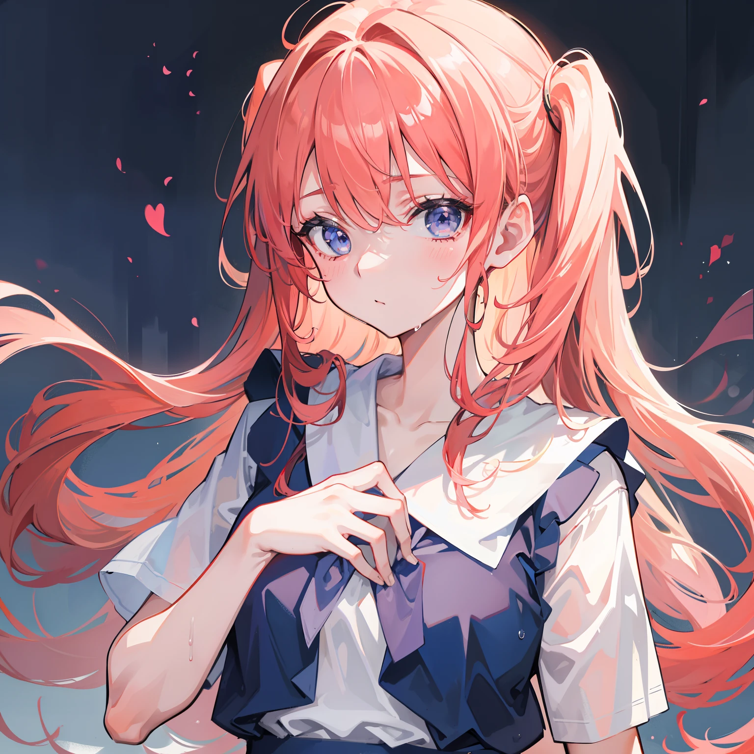 Sister,in school uniform,Wet chest transparent,8K,The best quality,14岁,looks into camera,Reddening cheeks,embarressed,Delicate hands