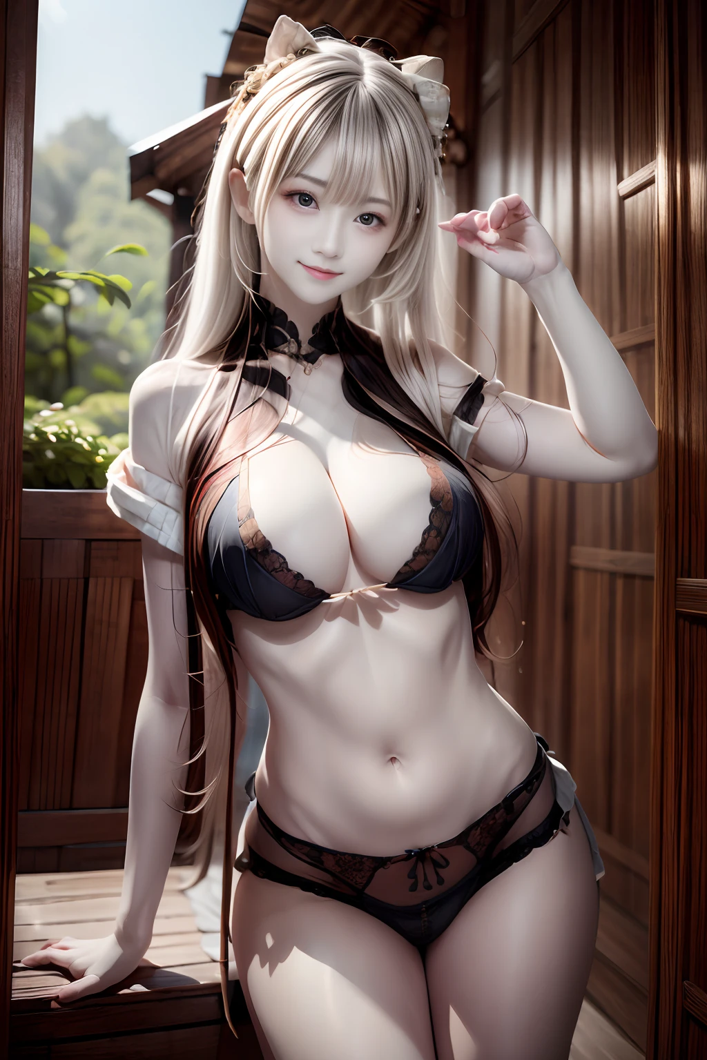 top-quality、masterpiece、超A high resolution、(Photorealsitic:1.4)、1girl in、Shoulder、enticing、looking in camera、smil,white hair、Colossal tits、Healthy skin、Delicate skin、