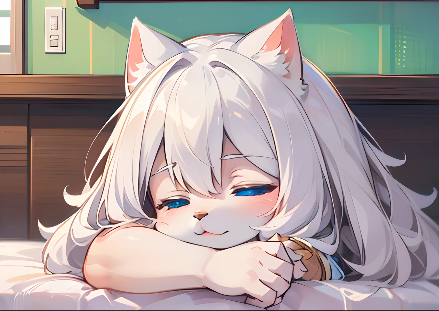 (High quality, Best Quality, anthro:1.4), (detailed closeup solo waist up body portrait of a mature female catgirl sleepeace wearing white pajamas with head on pillow:1.2), Arms crossed, depth of fields, White cat ears, White cat tail, White fur, White skin, white tuft, Cute face, medium breasts, well-drawn hands, an legs, Cozy, Eyes closed, Indoors, Bedroom,Cat profile