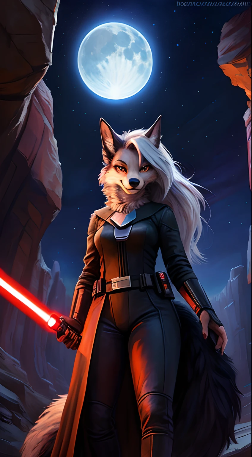 upload on e621, RAW photo, Realistic, anthro, Detailed face, Detailed fur, high resolution, Beautiful and detailed portrait of Hailuwa boss, Loona Hellhound, Luna, Kenket, ross tran,ruanjia, zaush, Foxovh, cinmatic lighting, Small breast, Whole body, Beautiful, Darth Vader costume, Star Wars, holding a red lightsaber, Confident smiley face, Solo, 1girll, Dark Canyon, canyons, At night,