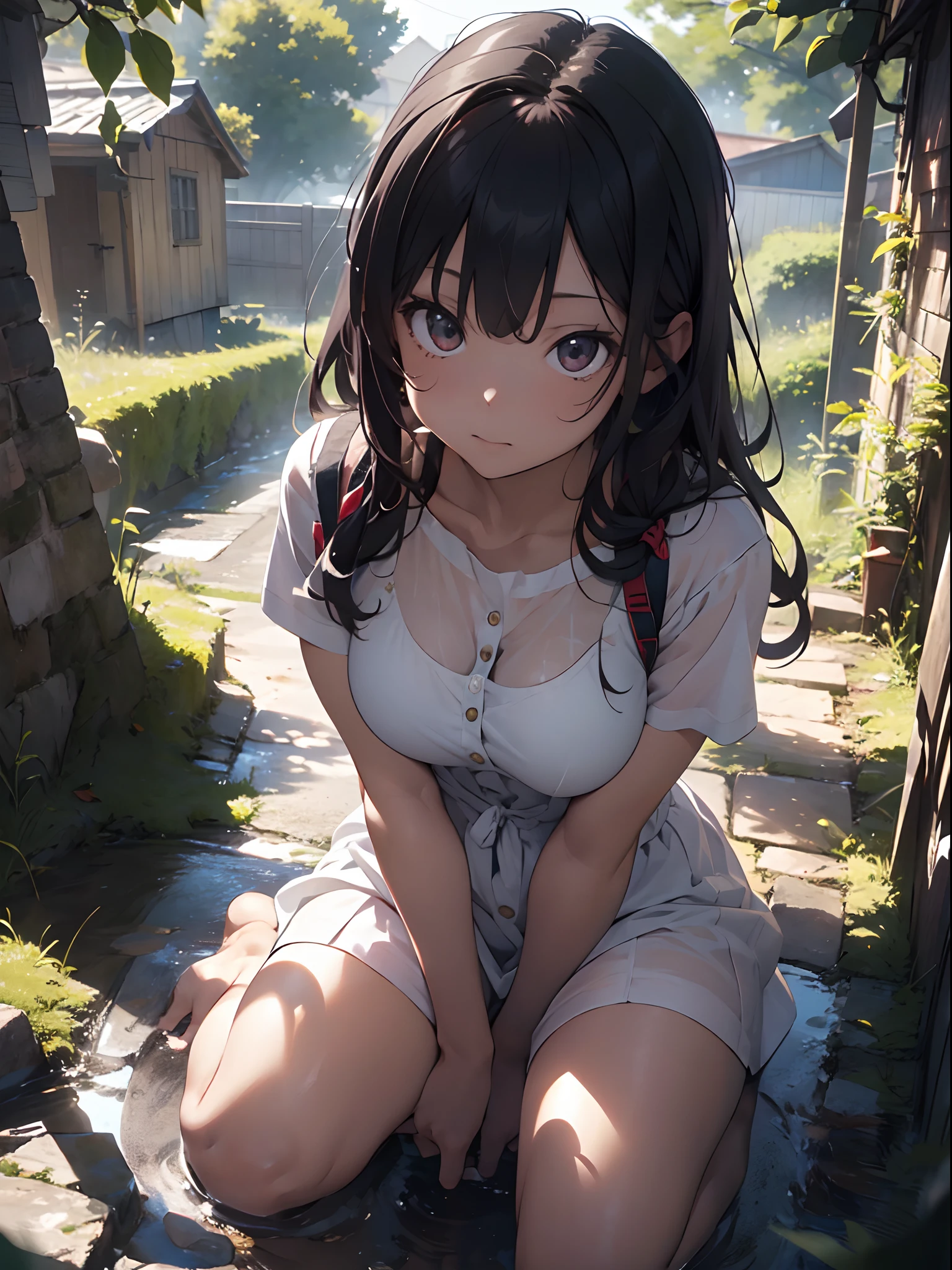 ((kinako (shiratama mochi) style)), nsfw, ((topless)), erect nipples, puffy nipples, masterpiece, fair skinned, 1 girl, nipples, navel, intricately detailed, cloudy day, dolphin shorts, roadside, waiting shed, japanese countryside, cloudy day, navel, necklace, smiling, extremely detailed, bus stop, puddle, sneakers, sitting, raining, bare breasts, bare stomach, sweaty, heavy breathing, wet body, small breasts, ponytail, black hair, slim waist, dark, bench, mountainous