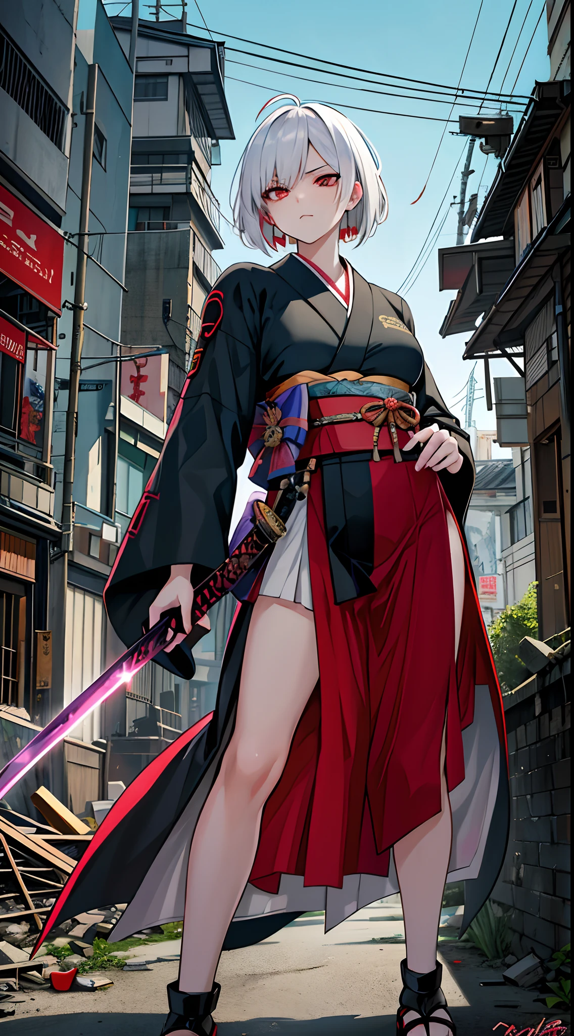 ((dramatic)) girl, japan goddes of war, night, broken building and post apocalyptic tokyo ((broken building)), behind him is a portal which her come from (REALM of GODS), on top of tall building, looking at her enemy, night, wear stylish kimono, edgy, short hair, dominant white red black, beautiful eyes, long skirt kimono, sci-fi gfx, white hair, high tech city, divine katana behind his back, with serious expression, killer instinct face