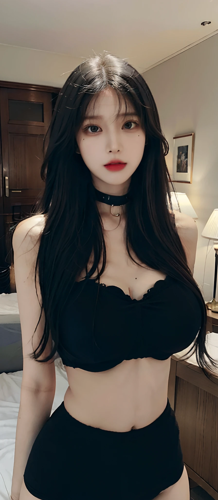 (realistic, high resolution:1.3), (upper body), 1 girl with perfect figure, super fine face and eyes, black hair, long hair, underwear, collar, inside house, (big breasts),