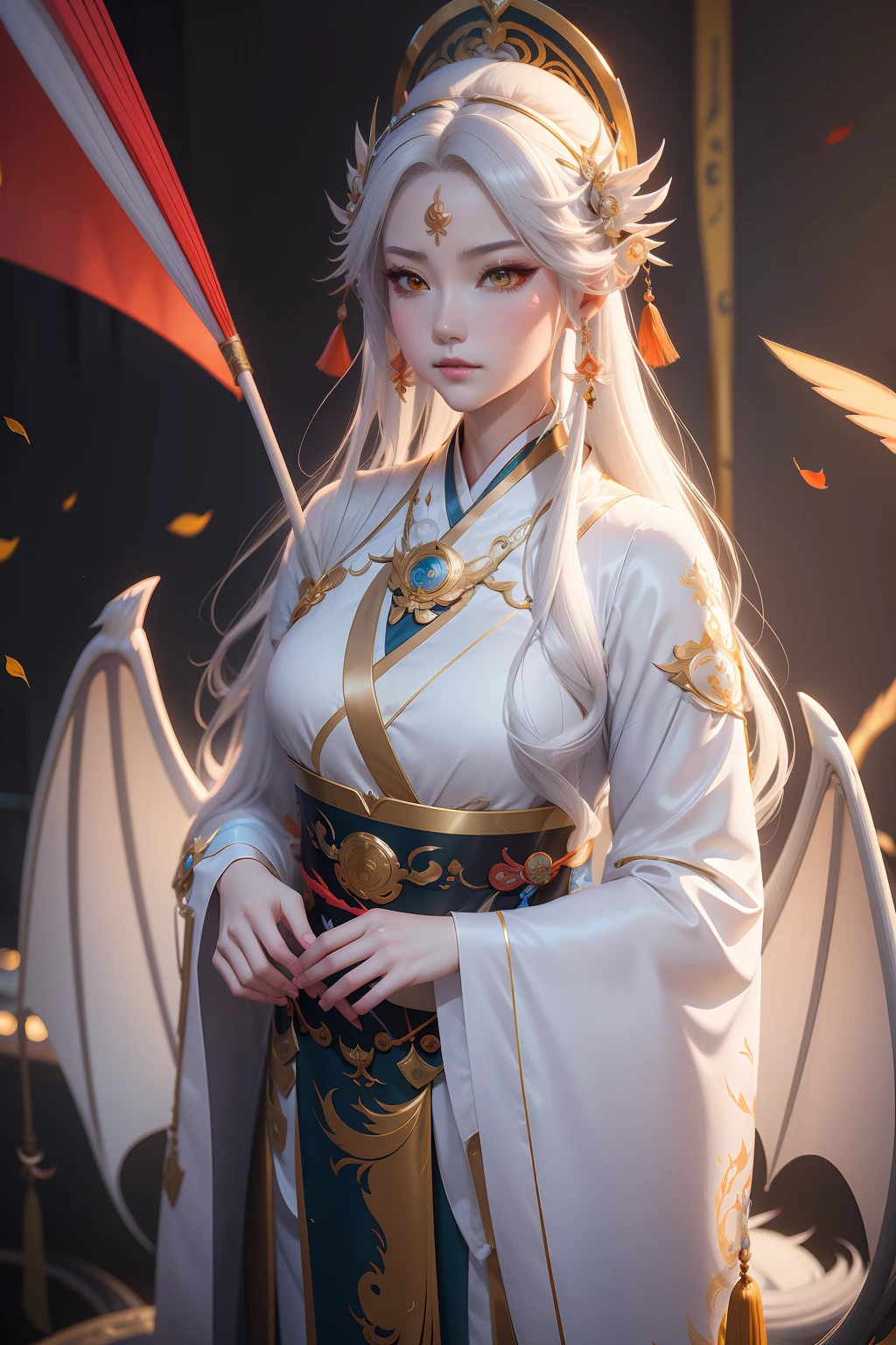 Anime girl with umbrella and dragon wings with sticks, queen of the sea mu yanling, full-body xianxia, Asian Woman Water Elemental, onmyoji, lunar themed attire, Onmyoji detailed art, white-haired god, 3 d goddess minerva, Keqing from Genshin Impact, heise jinyao, mystical atlantean valkyrie