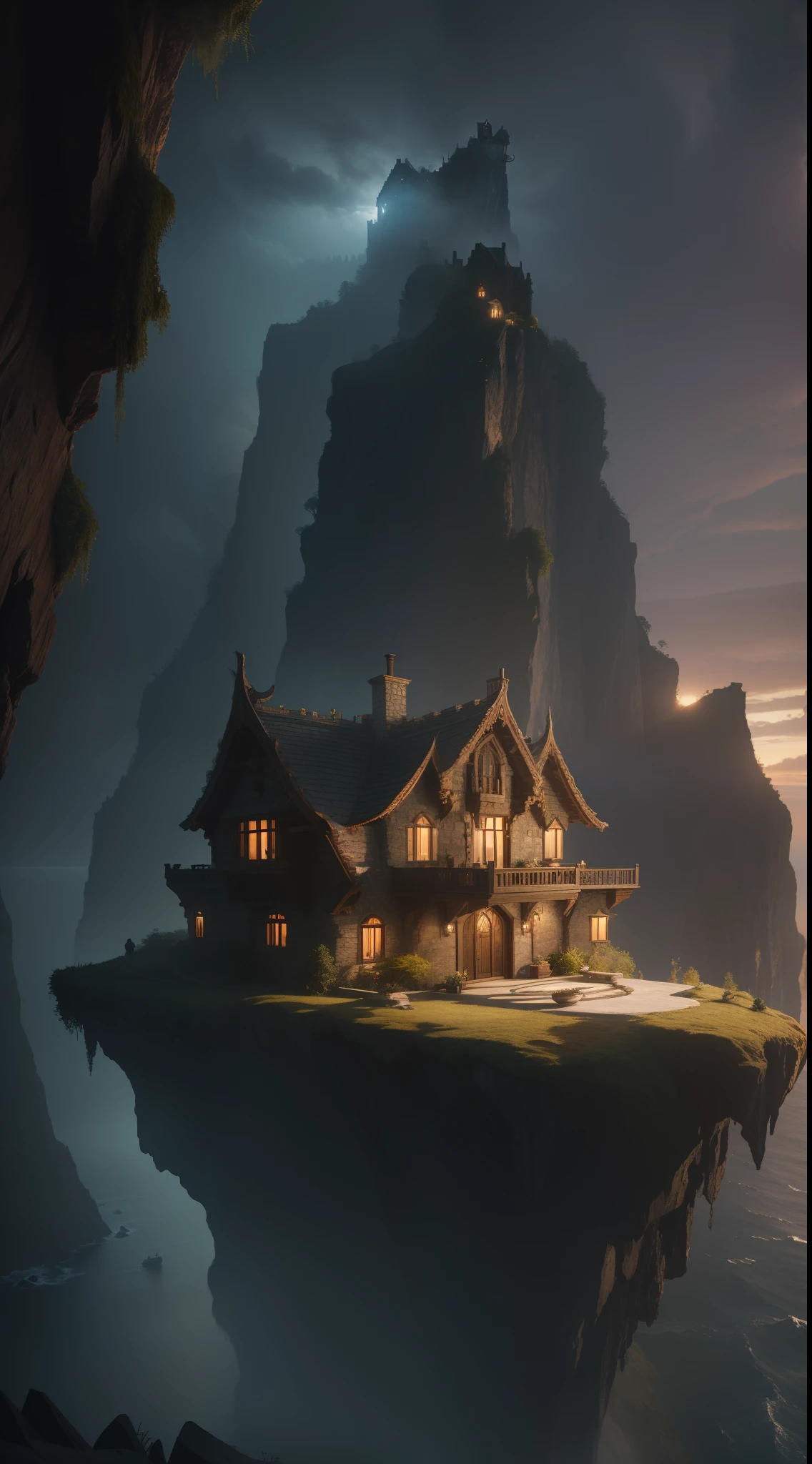 Fantasy00d, extreme detail, 8k, ultra quality, masterpiece, depth of field, octane render, smooth lighting, hyper realistic, intricate sharp details, dramatic lighting, by Antonio Manzanedo, an estranged cottage atop a cliff overlooking a vast and otherwordly ocean