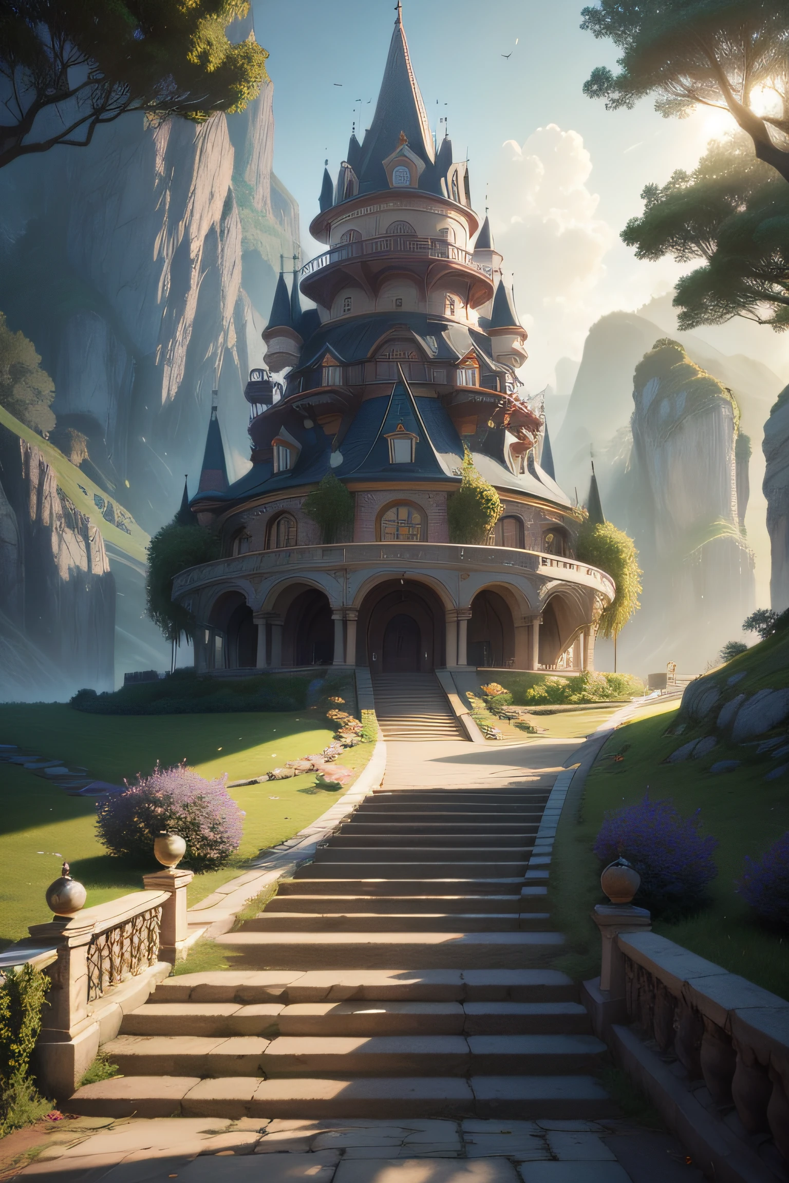 backround, CG, wuxiaworld, a long stairs toward the Gate of the Fairyland, realistic, panorama, ray tracing, reflection light, polar opposites, 8K, masterpiece, best quality, high quality, high details, super detail, highres, UHD