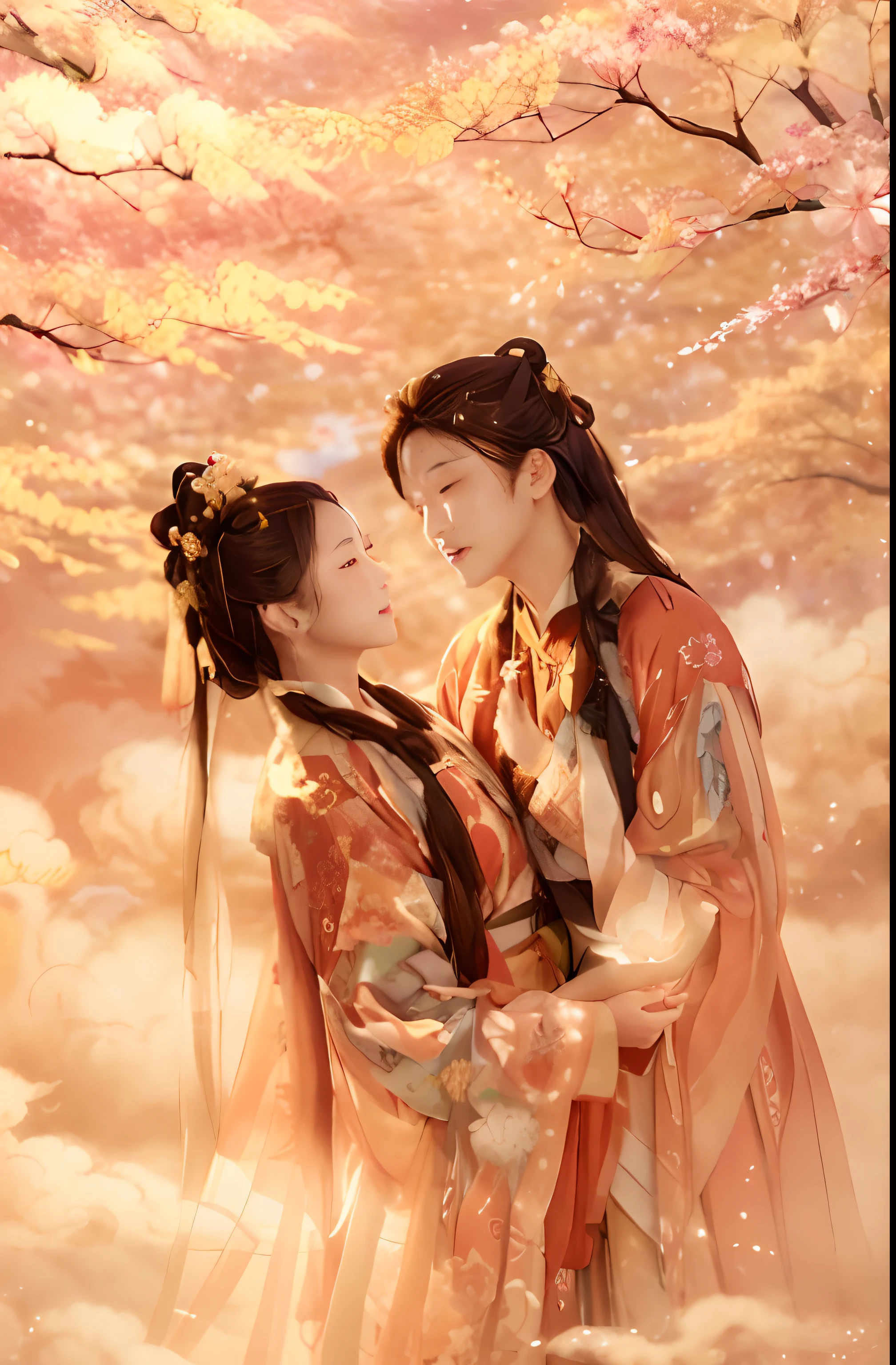 best qualtiy， ultra - detailed， tmasterpiece， finedetail， A high resolution， 8k wallpaper， realistic detail， Clothing details， skin detailed， Photoshop \（curly\），（ulzang-6500-v1.1：0.5）， Ancient Chinese couple，Look at each other，Chinese courtyard，surrounded by cloud，falling flower petals、flying petal、butterflys、Peach blossom tree background，