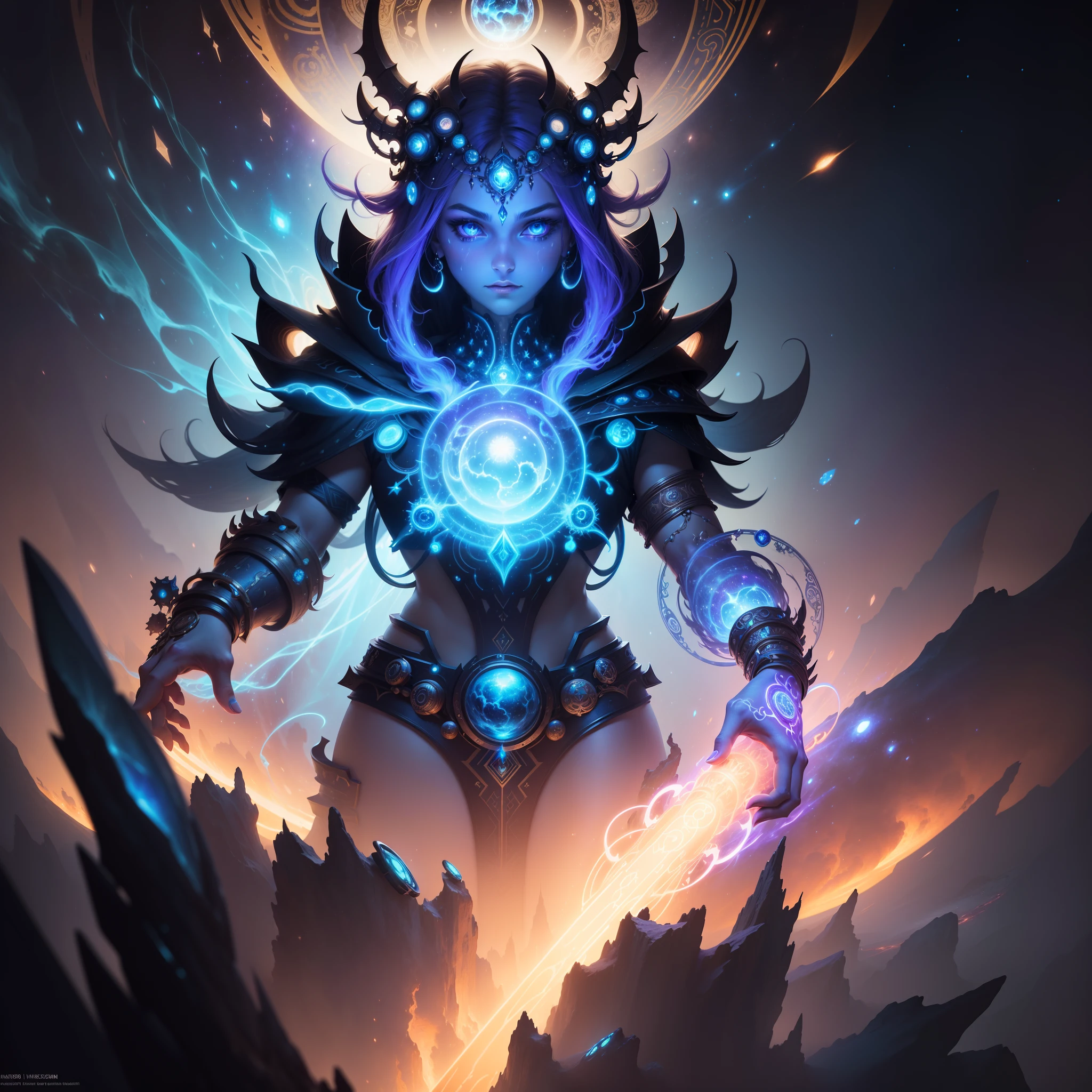 A mysterious interdimensional traveler with an otherworldly visage, adorned with symbols and artifacts from different realms, hinting at their cosmic journey.Masterpiece, digital illustration, awesome background, focused, approaching perfection, dynamic, highly detailed, art station, concept art, sharp soft focus, illustration, unreal engine, detailed and intricate environment
