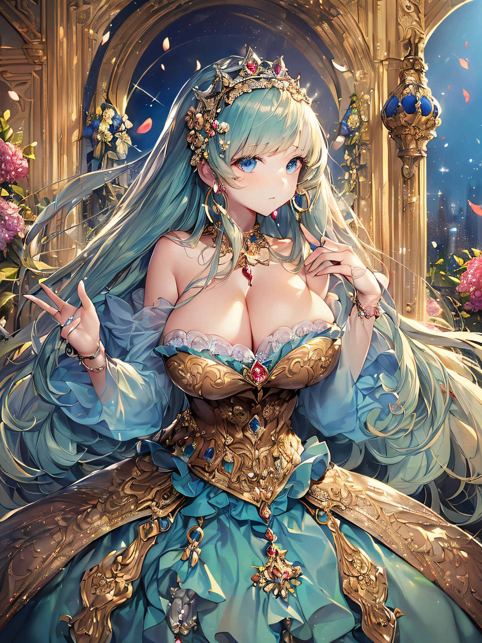((anime artstyle)),(Masterpiece),(Best Quality), (Super Detail),((Very Delicate and Beautiful)),(((Solo))),((full body portrait)),(((1 princess in gorgeous princess rococo ballgown with voluminous full length hoop skirt))),((crinoline)),Long train,((standing in garden)),(gorgeous gemstone jewelry),detailed face and eyes,jewel-like eyes,((large amount of straight hair,extremely voluminous Hair,Very Long Straight Hair)),((gigantic tits,Long tits)),cleavage,extremely gorgeousfull hair ornament,((bling-bling extremely gorgeousfull jeweled tiara)),((Dynamic Angle)),Looking at viewer,,flowers,flower petals flowing,(((gorgeous princess rococo ballgown with voluminous full length hoop skirt)))