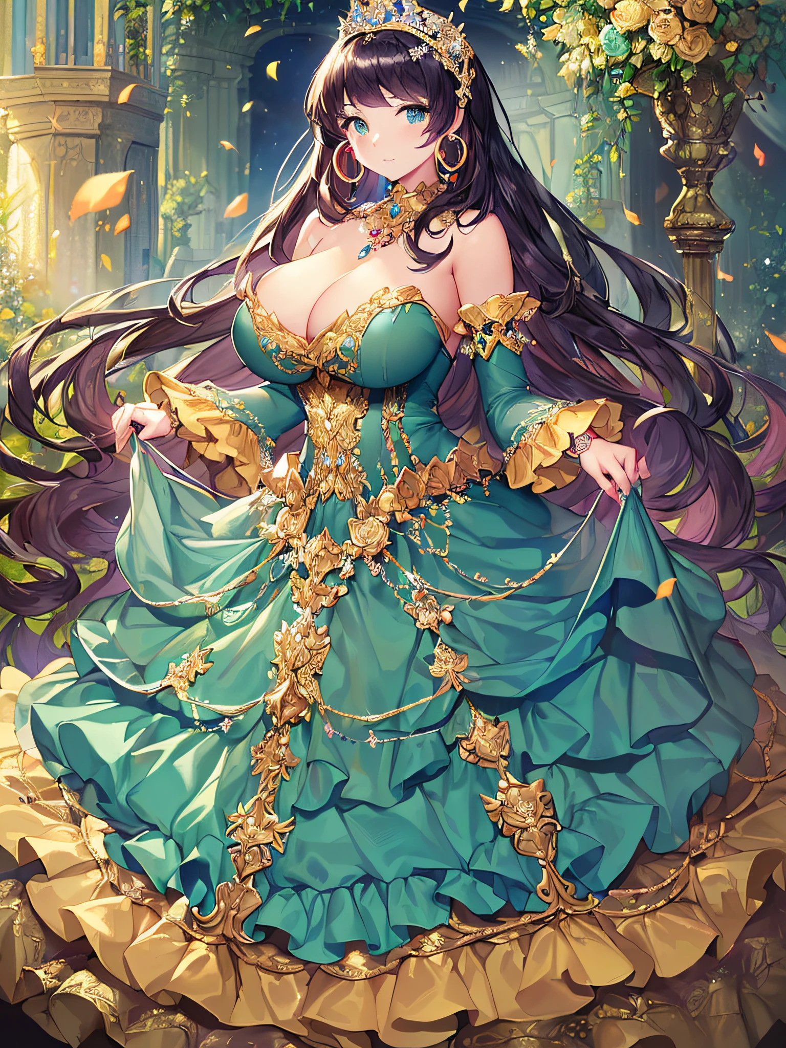 ((anime artstyle)),(Masterpiece),(Best Quality), (Super Detail),((Very Delicate and Beautiful)),(((Solo))),((full body portrait)),(((1 princess in gorgeous princess rococo ballgown with voluminous full length hoop skirt))),((crinoline)),Long train,((standing in garden)),(gorgeous gemstone jewelry),detailed face and eyes,jewel-like eyes,((large amount of straight hair,extremely voluminous Hair,Very Long Straight Hair)),((gigantic tits,Long tits)),cleavage,extremely gorgeousfull hair ornament,((bling-bling extremely gorgeousfull jeweled tiara)),((Dynamic Angle)),Looking at viewer,,flowers,flower petals flowing,(((gorgeous princess rococo ballgown with voluminous full length hoop skirt)))