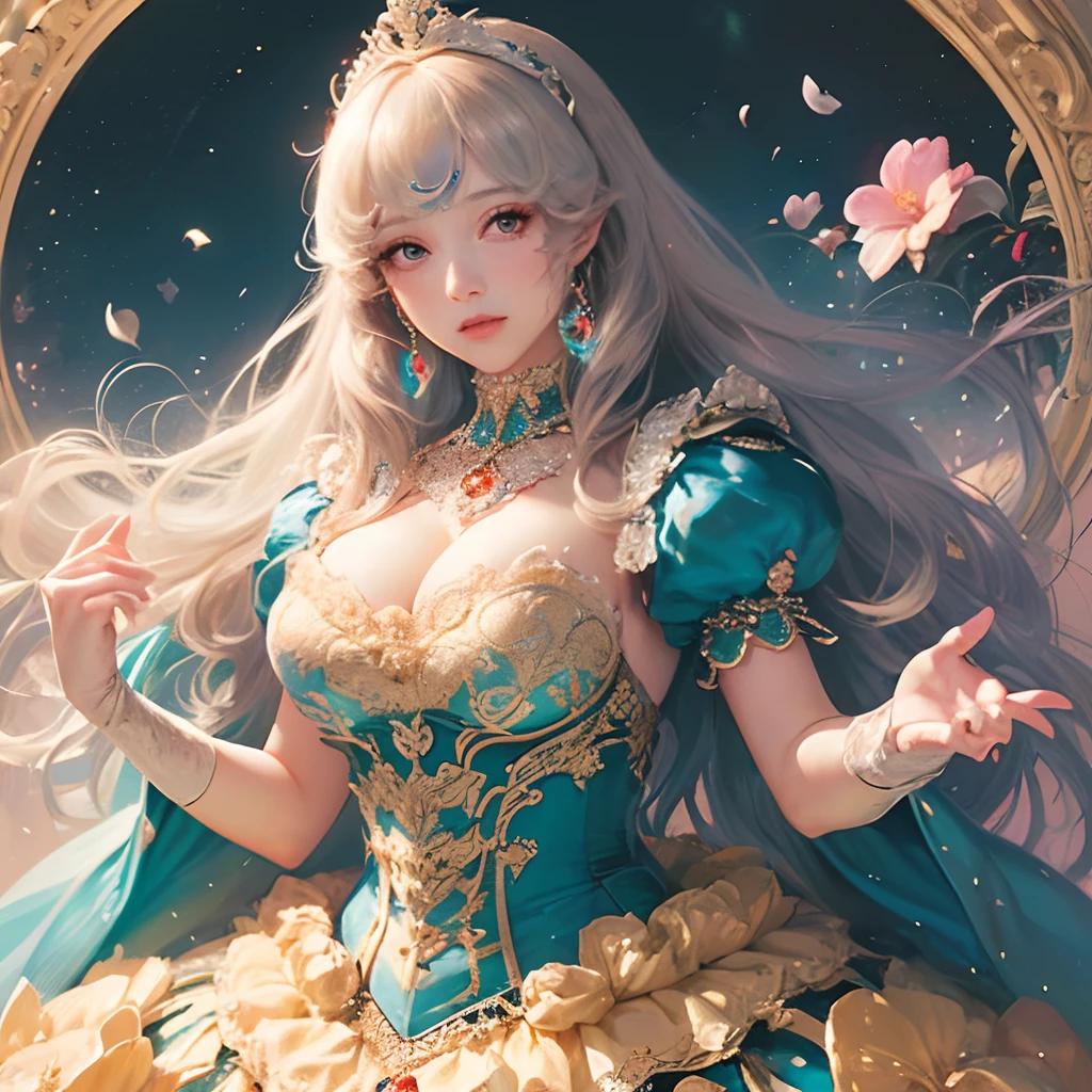 ((anime art style)),(masutepiece),(Best Quality), (Super Detail),((Very delicate and beautiful)),(((Solo))),((Full body portrait)),(((1 princess in gorgeous princess rococo ball gown with voluminous full-length hoop skirt))),((crinoline)),Long Train,((Stand in the garden)),(Gorgeous Gemstone Jewelry),Detailed face and eyes,Eyes Like Gems,((Large amount of straight hair,very voluminous hair,Very long straight hair)),(cleavage,Very gorgeous hair ornament,((Tiara adorned with sparkly and very gorgeous jewels)),((Dynamic Angle)),Looking at Viewer,,Flowers,Petals flow,(((Gorgeous Princess Rococo Ball Gown with Voluminous Full Length Hoop Skirt)))