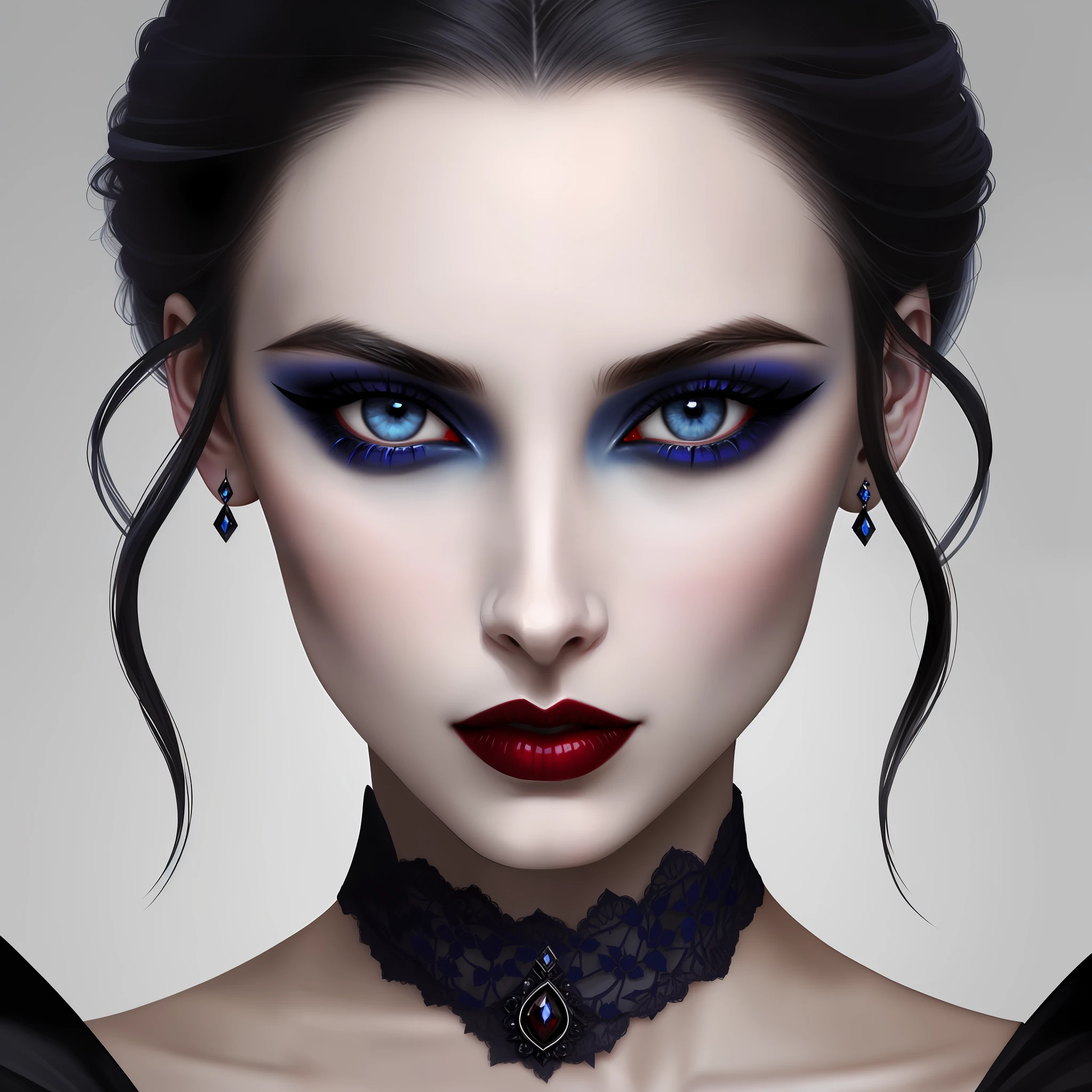 Dark makeup and blue eyes wearing a suffocated Arad woman, portrait of beautiful vampire, beautiful vampire female queen, beautiful female vampire, Beautiful and scary female vampire, Blue-eyed dark Gothic queen, portrait of a lady vampire, elegant victorian vampire, a woman vampire, beautiful vampire queen, vampire portrait, gothic girl face, androgynous vampire, gothic face