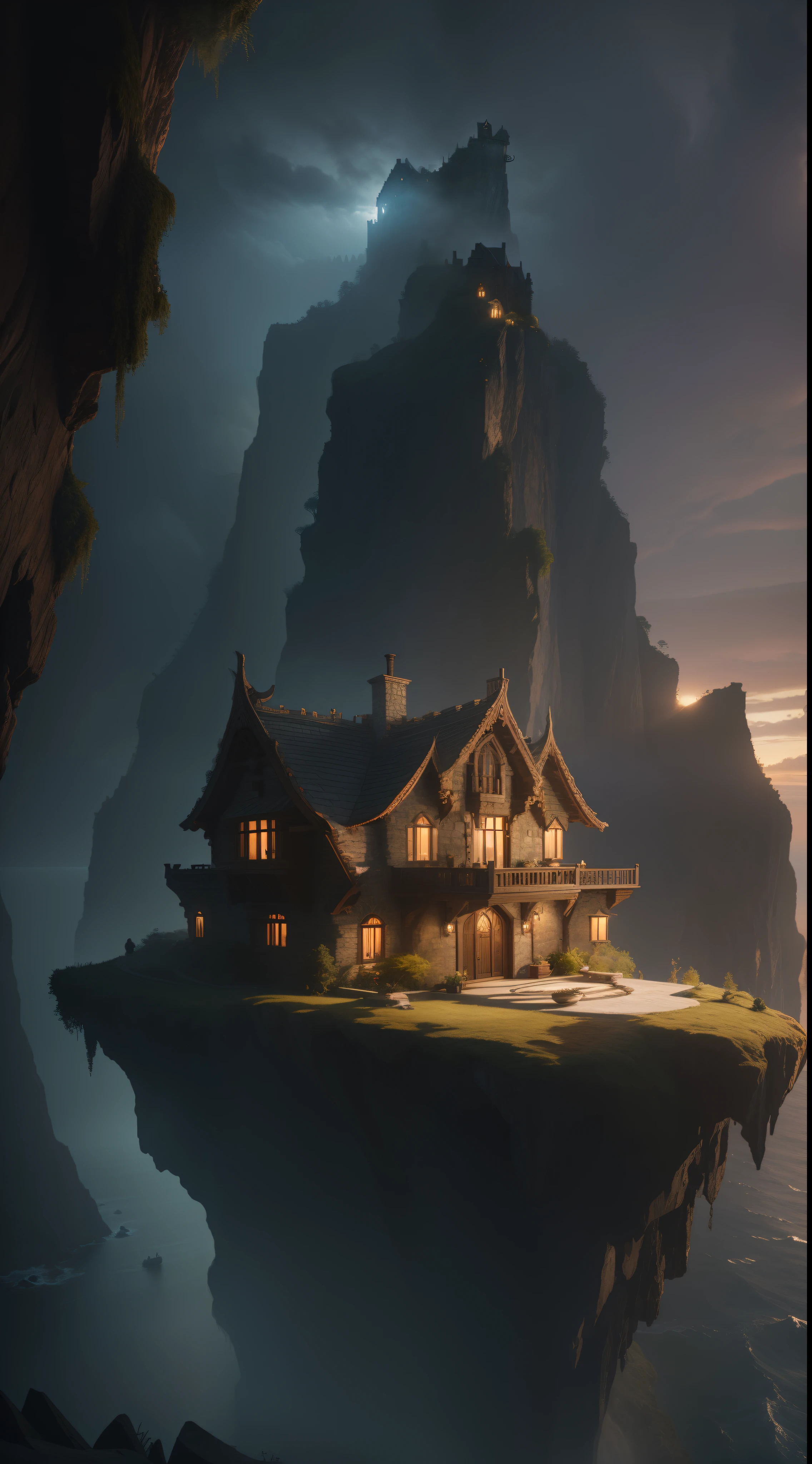 Fantasy00d, extreme detail, 8k, ultra quality, masterpiece, depth of field, octane render, smooth lighting, hyper realistic, intricate sharp details, dramatic lighting, by Antonio Manzanedo, an estranged cottage atop a cliff overlooking a vast and otherwordly ocean