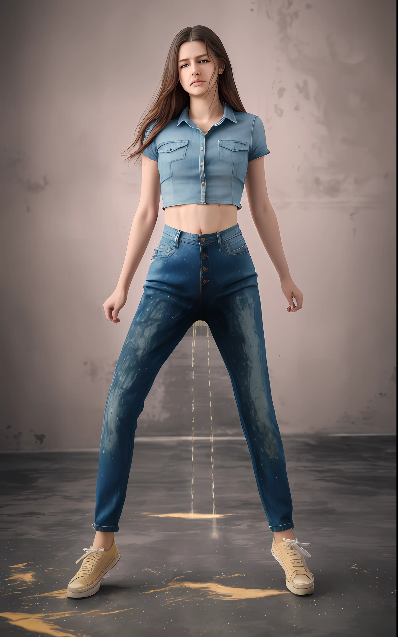 RAW photo, best quality, masterpiece, extremely delicate and beautiful, extremely detailed, highres, realistic, 8k, soft lighting, high quality, cinematic lighting, (3girls), 20 years old, blue jeans pants, ((full body)), blush, worried, ((((((pee stain))))))