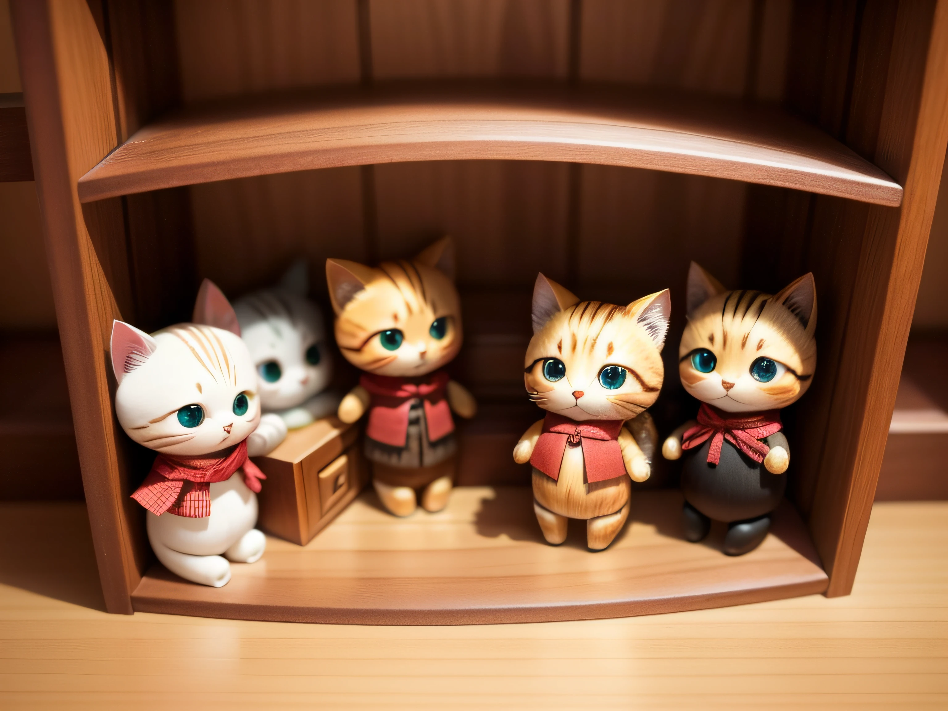 On the wooden shelf are placed many small cat wood carved dolls、photos realistic