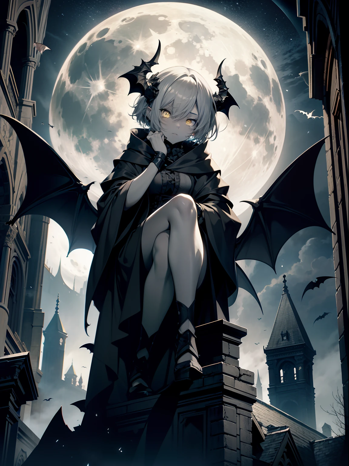 Gargoyle, humanoid, grey skin, grey tint, dark night, yellow eyes, glowing eyes, female, full body, stone skin, black robes, short hair, gothic style, moon, sitting on roof, gothic house, bat wings, horns, cracks in skin