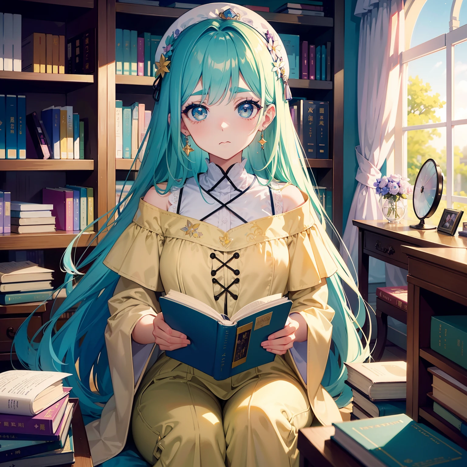 Pastel colors hair、sharp eyebrows、big eye、Dark eyelashes、Yellow-based makeup、Looking at me with my mouth open、Large amount of books、Woman standing reading book in library、Colorful fairy tale background、Be sucked into the world of books、(Supreme details)、(Highest image quality 8K)、(Bright pastel colors)