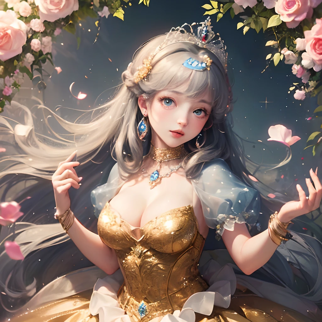 ((anime art style)),(masutepiece),(Best Quality), (Super Detail),((Very delicate and beautiful)),(((Solo))),((Full body portrait)),(((1 princess in gorgeous princess rococo ball gown with voluminous full-length hoop skirt))),((crinoline)),Long Train,((Stand in the garden)),(Gorgeous Gemstone Jewelry),Detailed face and eyes,Eyes Like Gems,((Large amount of straight hair,very voluminous hair,Very long straight hair)),(cleavage,Very gorgeous hair ornament,((Tiara adorned with sparkly and very gorgeous jewels)),((Dynamic Angle)),Looking at Viewer,,Flowers,Petals flow,(((Gorgeous Princess Rococo Ball Gown with Voluminous Full Length Hoop Skirt)))