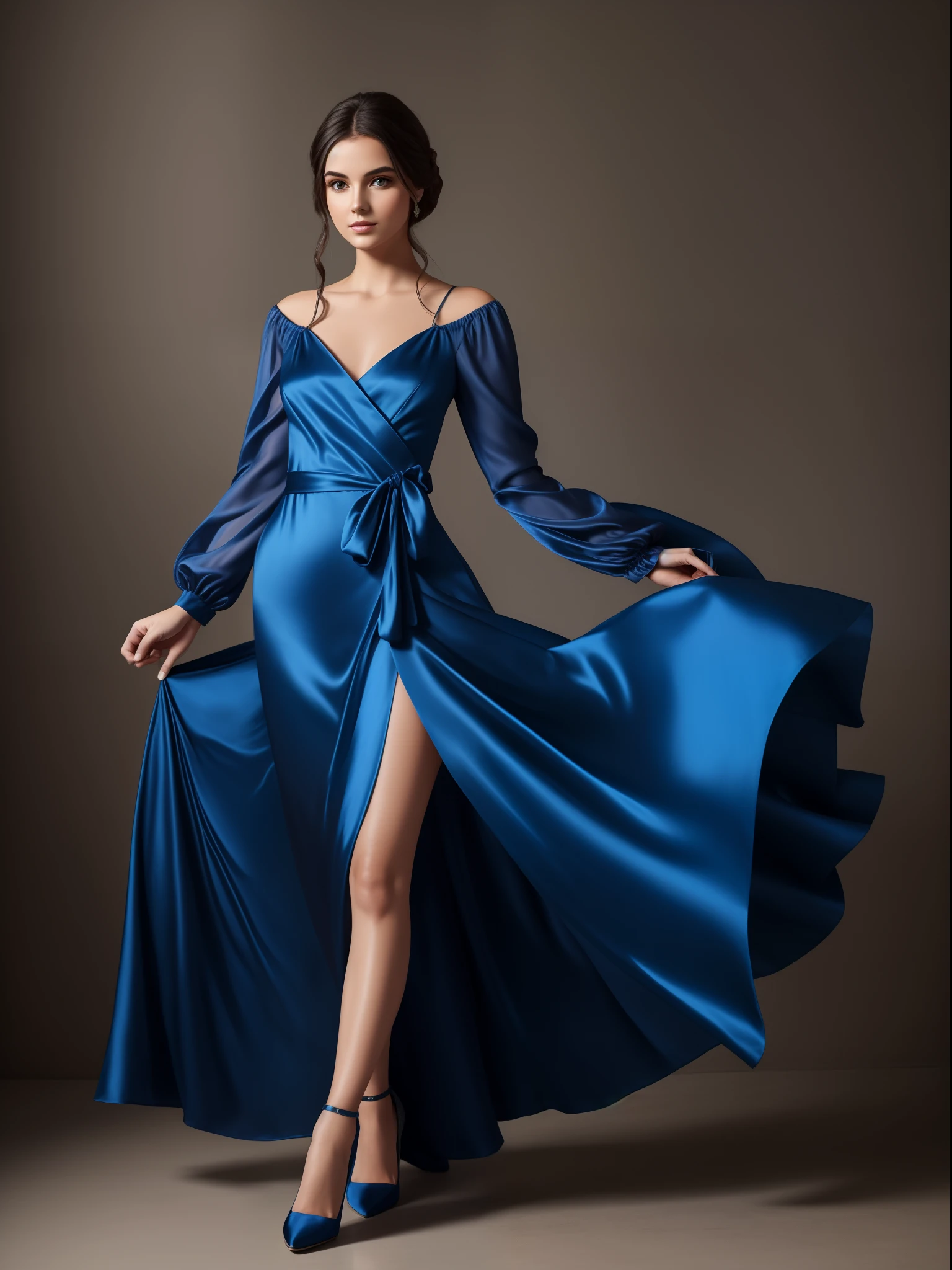 Young woman in blue silk dress