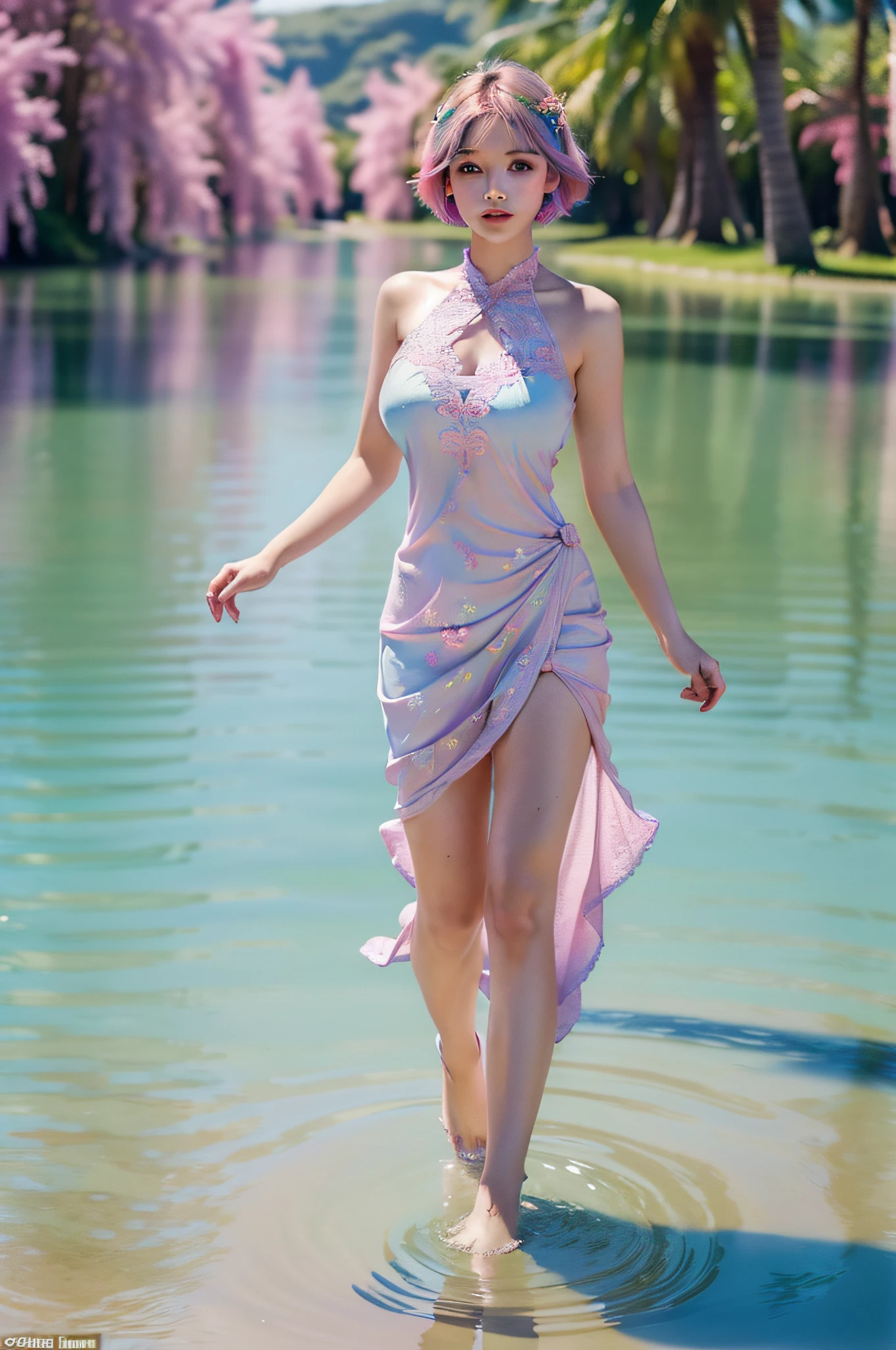 (full body:1.2), (1girl:1.2), (masterpiece:1.4, best quality), colorful short hair, huge breasts, glowing eyes, (intricate details),ultra detailed, (pastel colors:1.3), perfect face, beautiful and aesthetic,  detailed, solo,((walking on water)), background is a fantasy world, naked