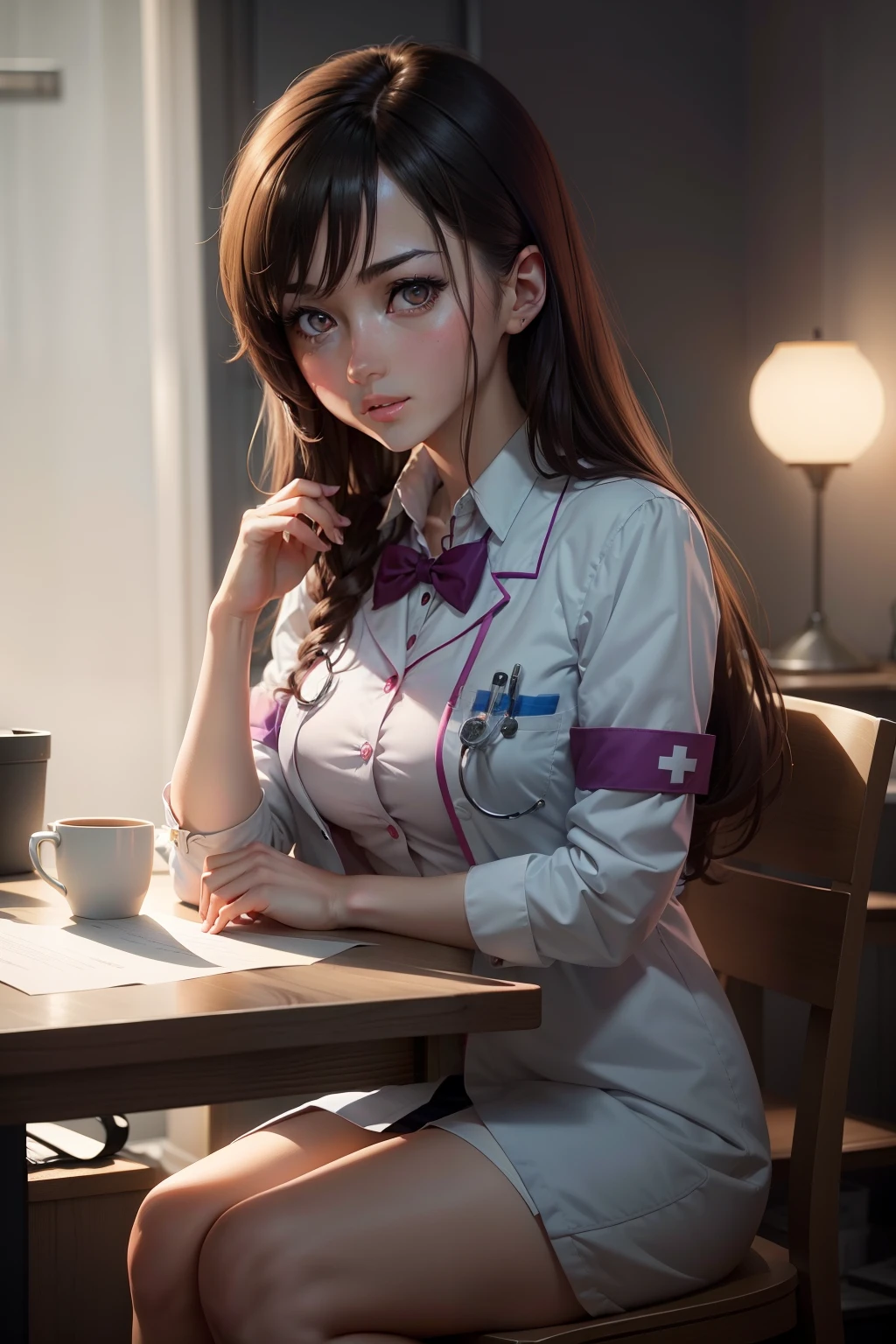 There is a medical room,A brunette doctor is treating a man,Inside there is a table and a lamp, surgery room, , Beautiful anime girl, Beautiful Anime High School Girls, seductive anime girls, attractive anime girls, Anime girl, up of young anime girl, pretty anime girl, An anime girl, style of anime4 K, realistic anime artstyle, Anime girl in real life