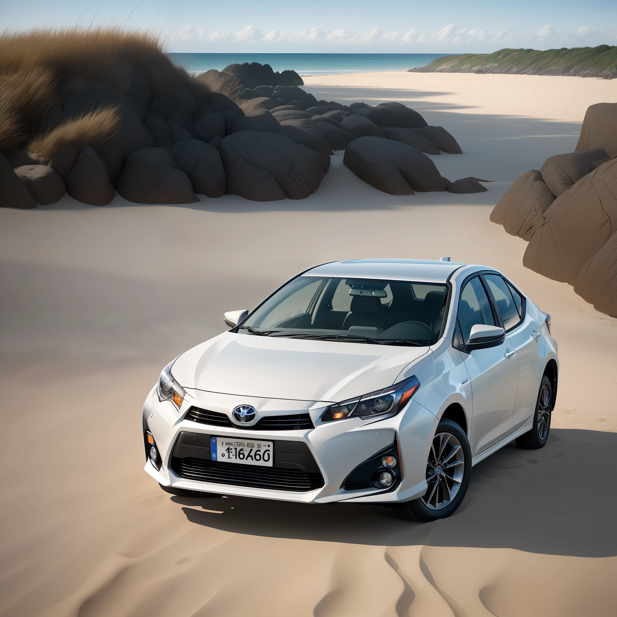 Please create a 1 MidJourney photograph prompts for a photorealistic image of Toyota Corolla , that's described with the following keywords Standing on the beach , with a Photographic camera with a 16mm lens at a f16 aperture, at Sun is ready to set.