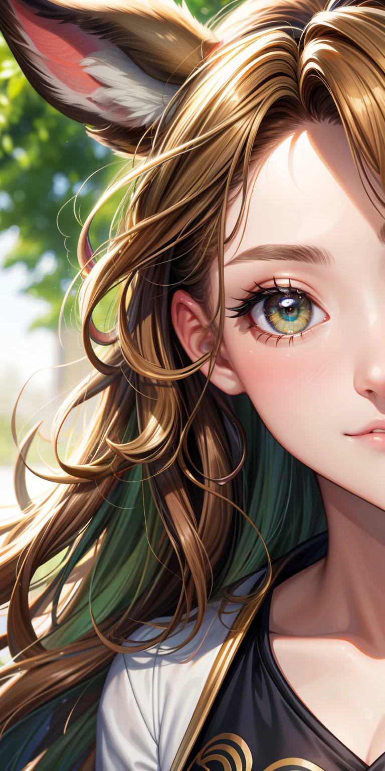 tmasterpiece，best qualtiy，Realistic details，1girl，closeup cleavage，brightly，glomy，lineworks，Jessica，deer antlers，light green pupils，Brown medium-long curly hair