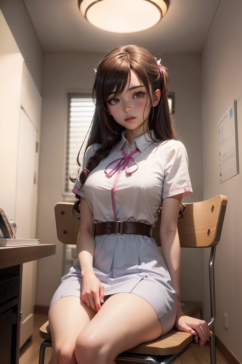 There is a medical room,A brunette doctor is treating a man,Inside there is a table and a lamp, surgery room, , Beautiful anime girl, Beautiful Anime High School Girls, seductive anime girls, attractive anime girls, Anime girl, up of young anime girl, pretty anime girl, An anime girl, style of anime4 K, realistic anime artstyle, Anime girl in real life