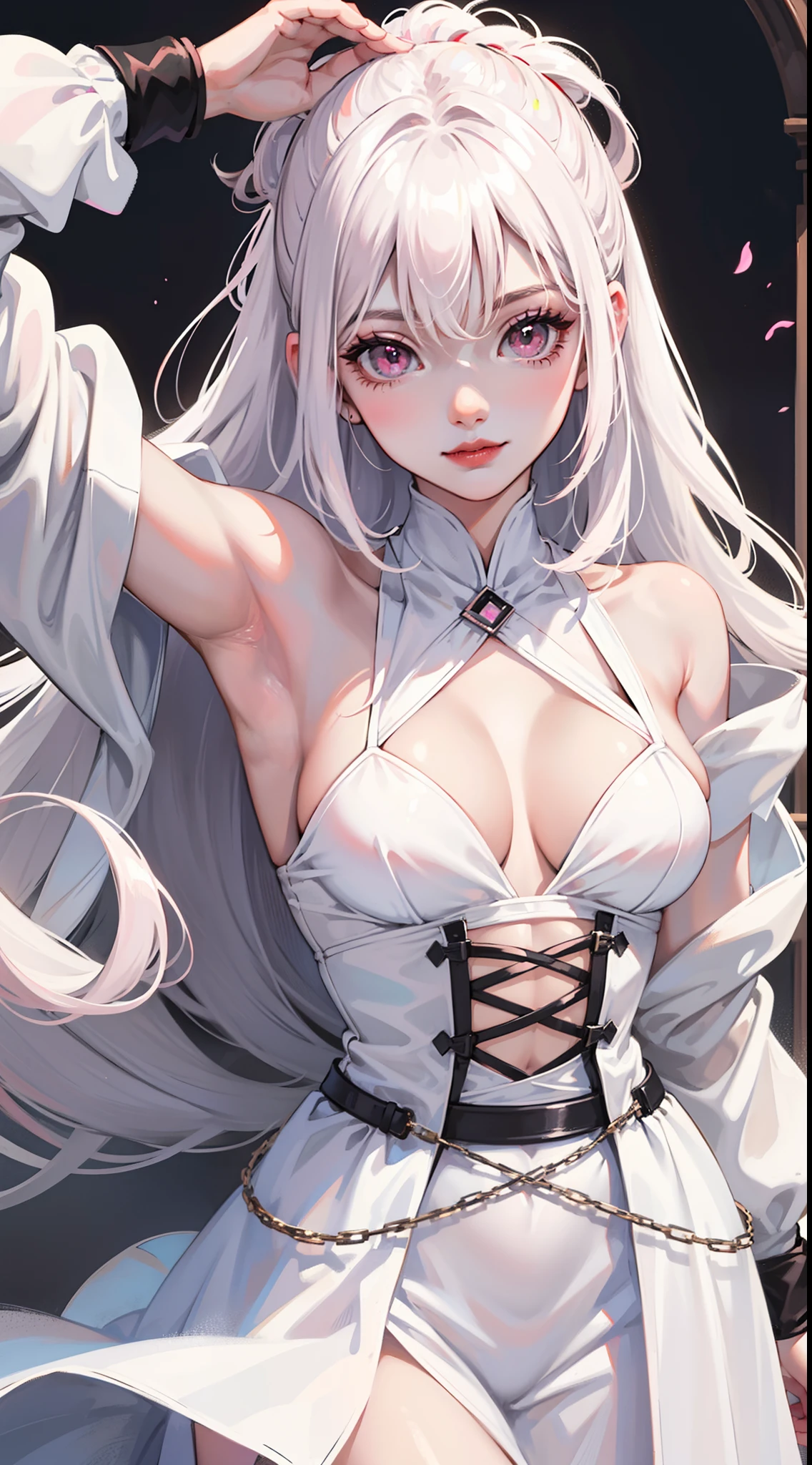 young girl, black skin, Long white hair with a pink parting, pink eyes, smirk, Vampire, White rich dress, Sleeveless, open breasts, Masterpiece, hiquality