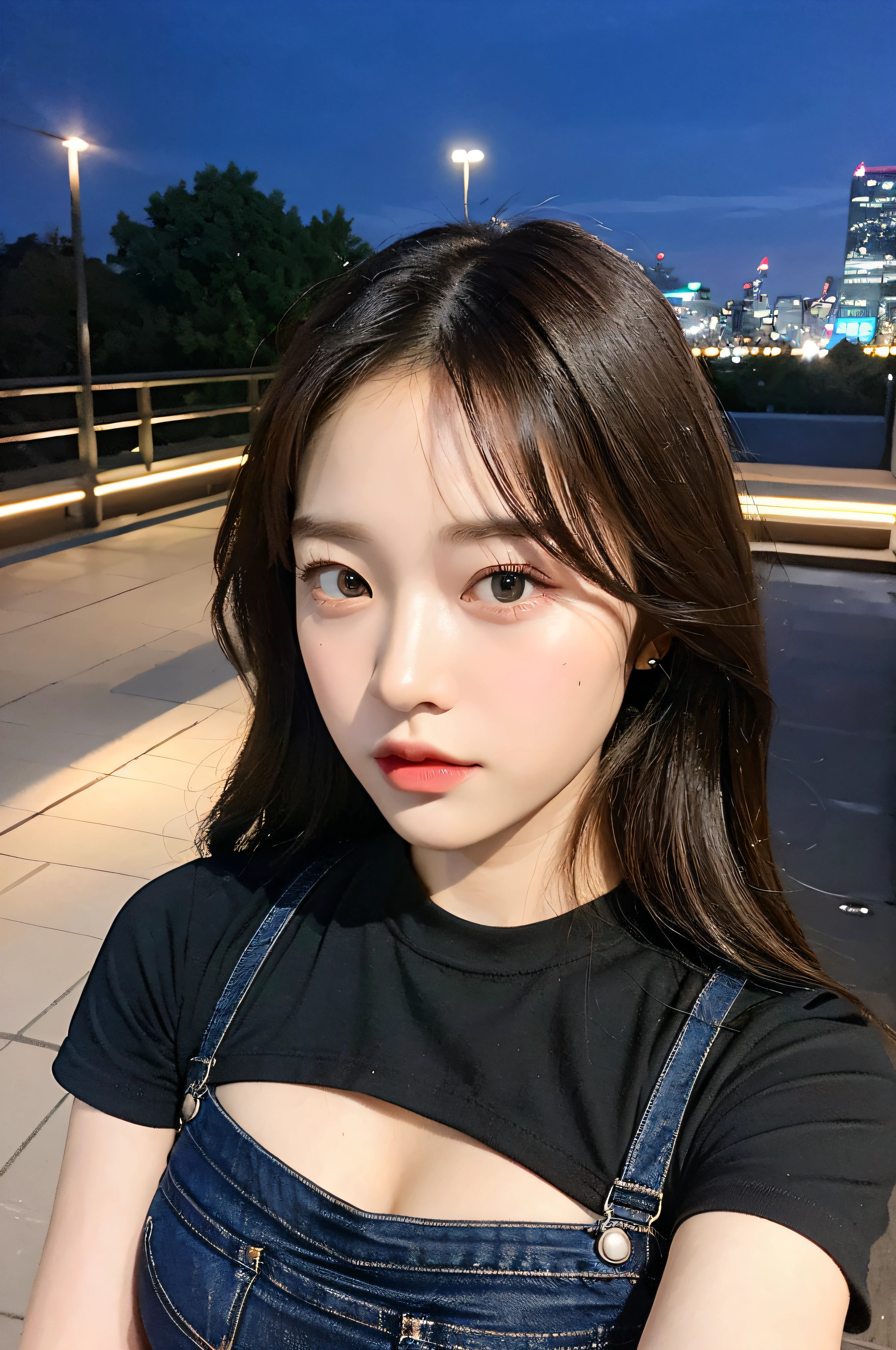 ((Midnight, Acura, 8K, Masterpiece: 1.3)), Full body, Long legs, Focal length: 1.2, Perfect Body Beauty: 1.4, Slim Abs: 1.1, ((Dark Brown Hair, Big Breasts: 1.2 )), (Tight T-shirt, Denim Bispenders, Standing: 1.2), ((City Night View, Roof: 1.3)), Highly detailed face and skin texture, Detailed eyes, Double eyelids