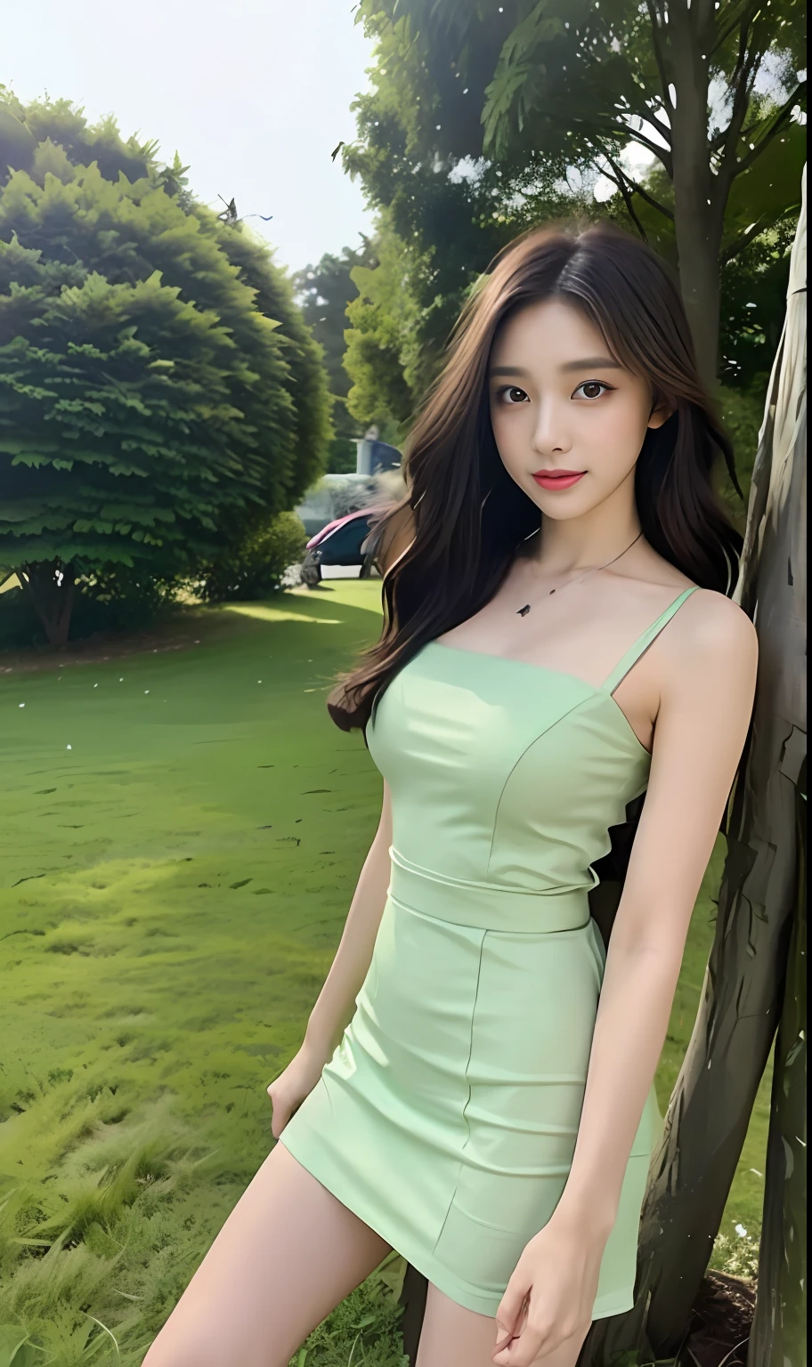 A close up of a woman in a green dress posing for a picture - SeaArt AI