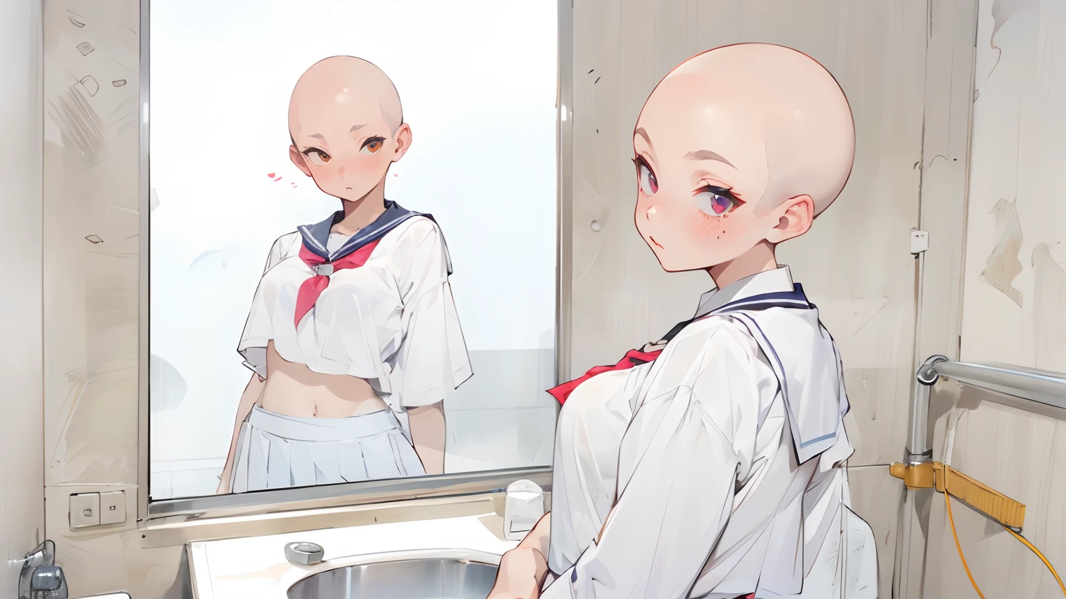 nsfw, 2girls, No hair, Shaved head, School uniform, Skirt, Bald, masutepiece,