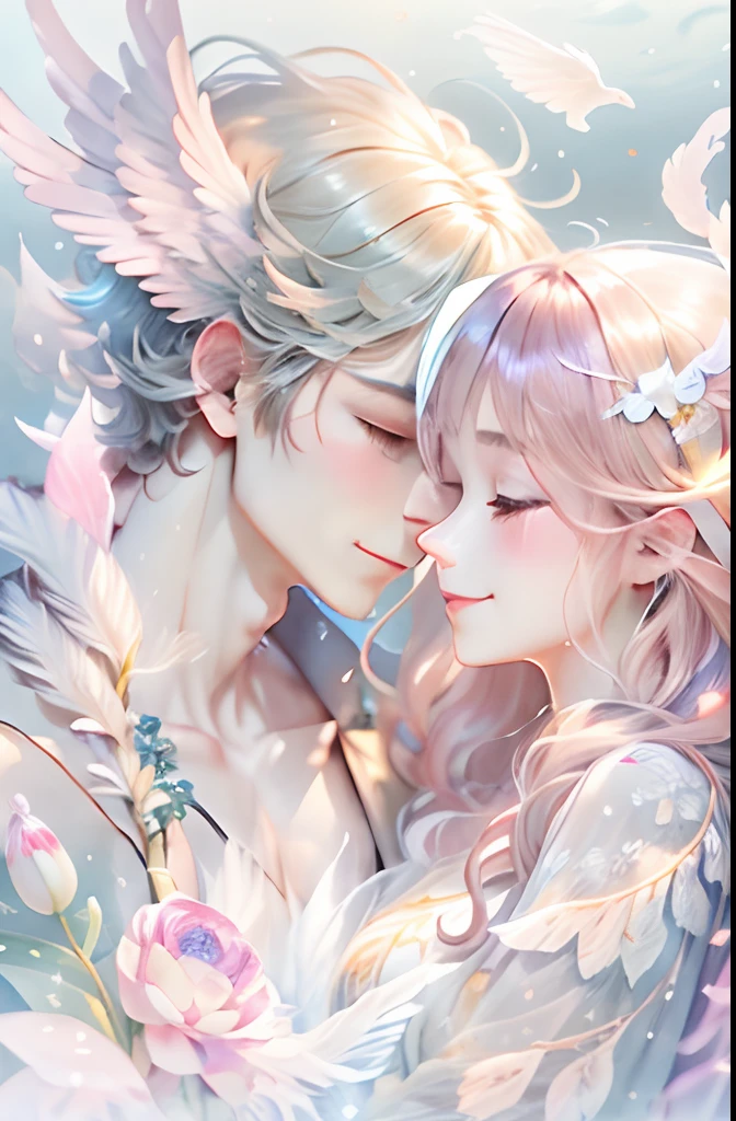 Beautiful transparent male and female angel、Beautiful sparkling ocean、Transparent feathers、kindly smile、Summer background、Gentle and transparent angel、Watercolor Paint