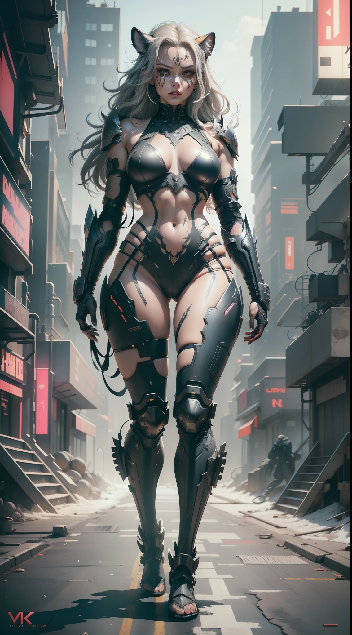 (masterpiece) demon tigress, full body, in cyberpunk armour, legs in tight armour, (delicate facial detail) valkyrie warrior, cyberpunk style color scheme, ((intricate detail, highly detailed)) 8K.