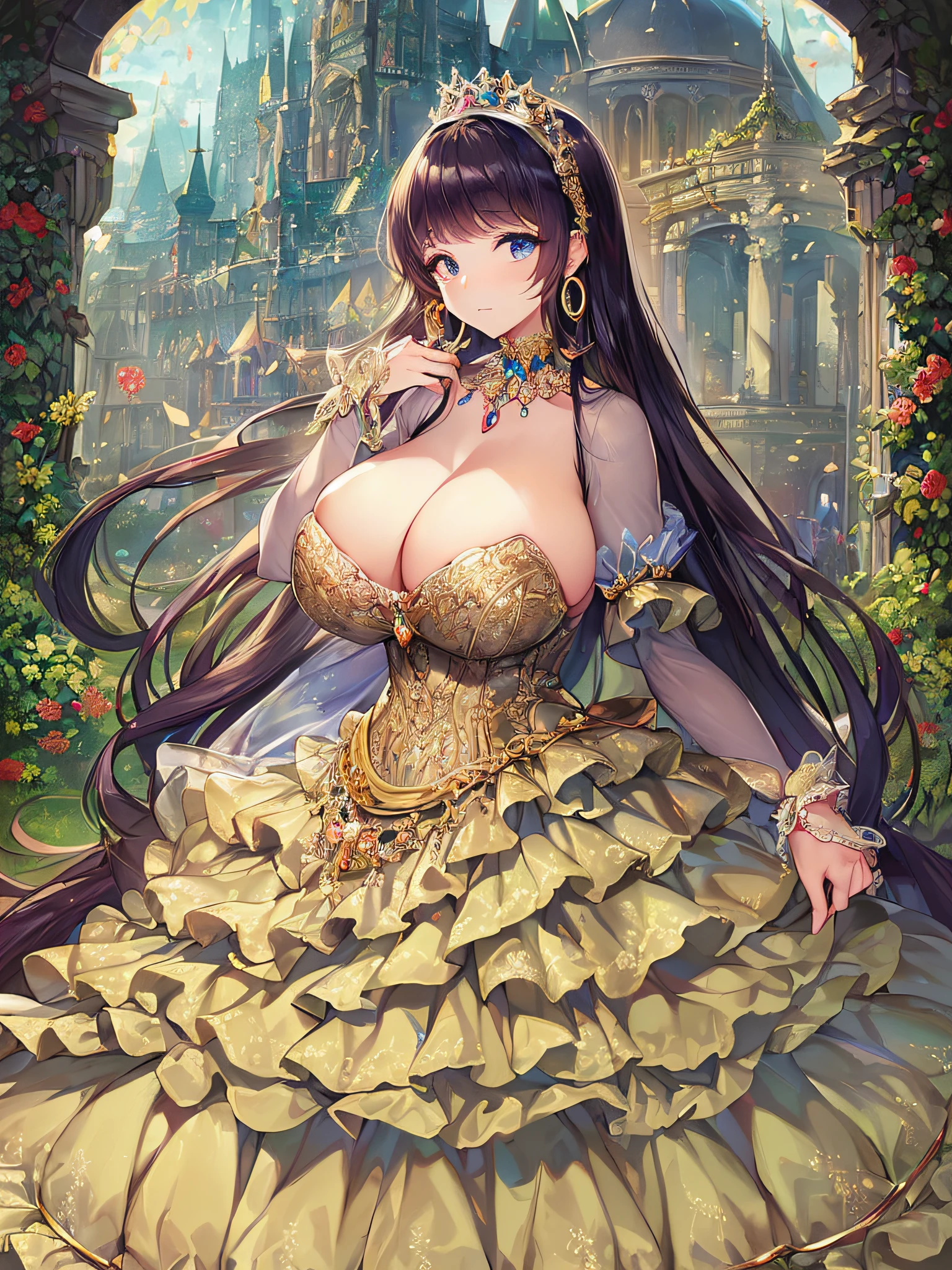 ((anime artstyle)),(Masterpiece),(Best Quality), (Super Detail),((Very Delicate and Beautiful)),(((Solo))),((full body portrait)),(((1 princess in gorgeous princess rococo ballgown with voluminous full length hoop skirt))),((crinoline)),Long train,((standing in garden)),(gorgeous gemstone jewelry),detailed face and eyes,jewel-like eyes,((large amount of straight hair,extremely voluminous Hair,Very Long Straight Hair)),((gigantic tits,Long tits)),cleavage,extremely gorgeousfull hair ornament,((bling-bling extremely gorgeousfull jeweled tiara)),((Dynamic Angle)),Looking at viewer,,flowers,flower petals flowing,(((gorgeous princess rococo ballgown with voluminous full length hoop skirt)))