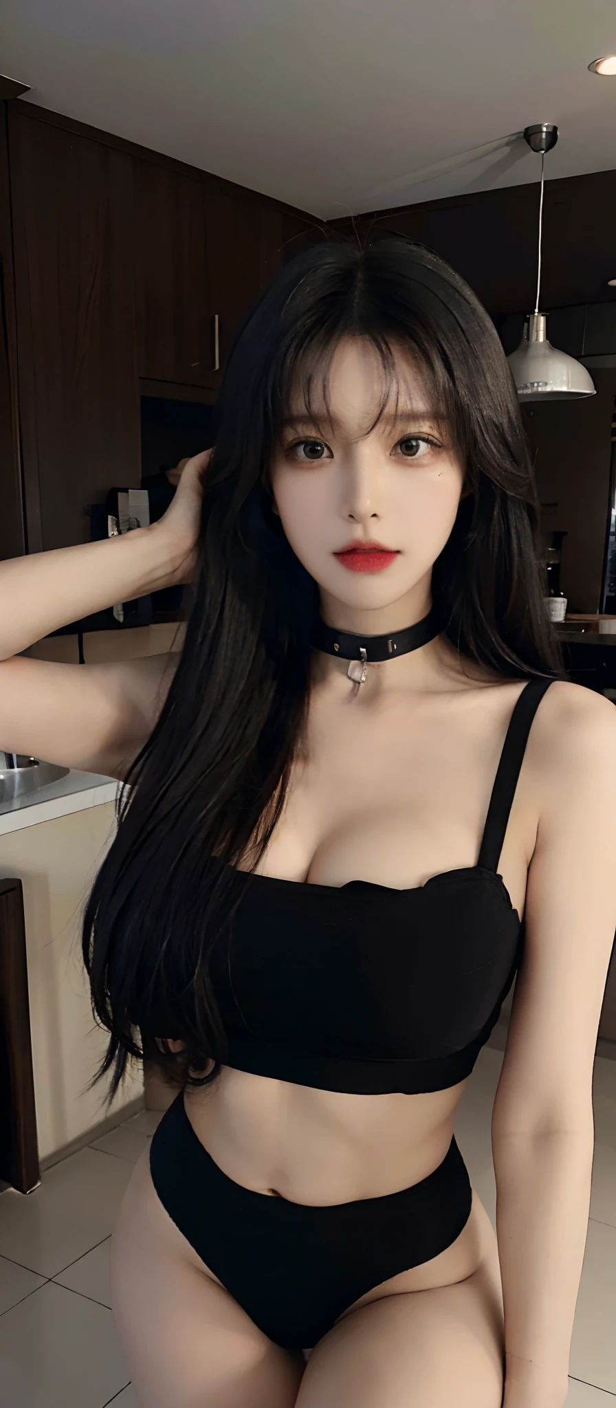 (realistic, high resolution:1.3), (upper body), 1 girl with perfect figure, super fine face and eyes, black hair, long hair, underwear, collar, inside house, (big breasts),