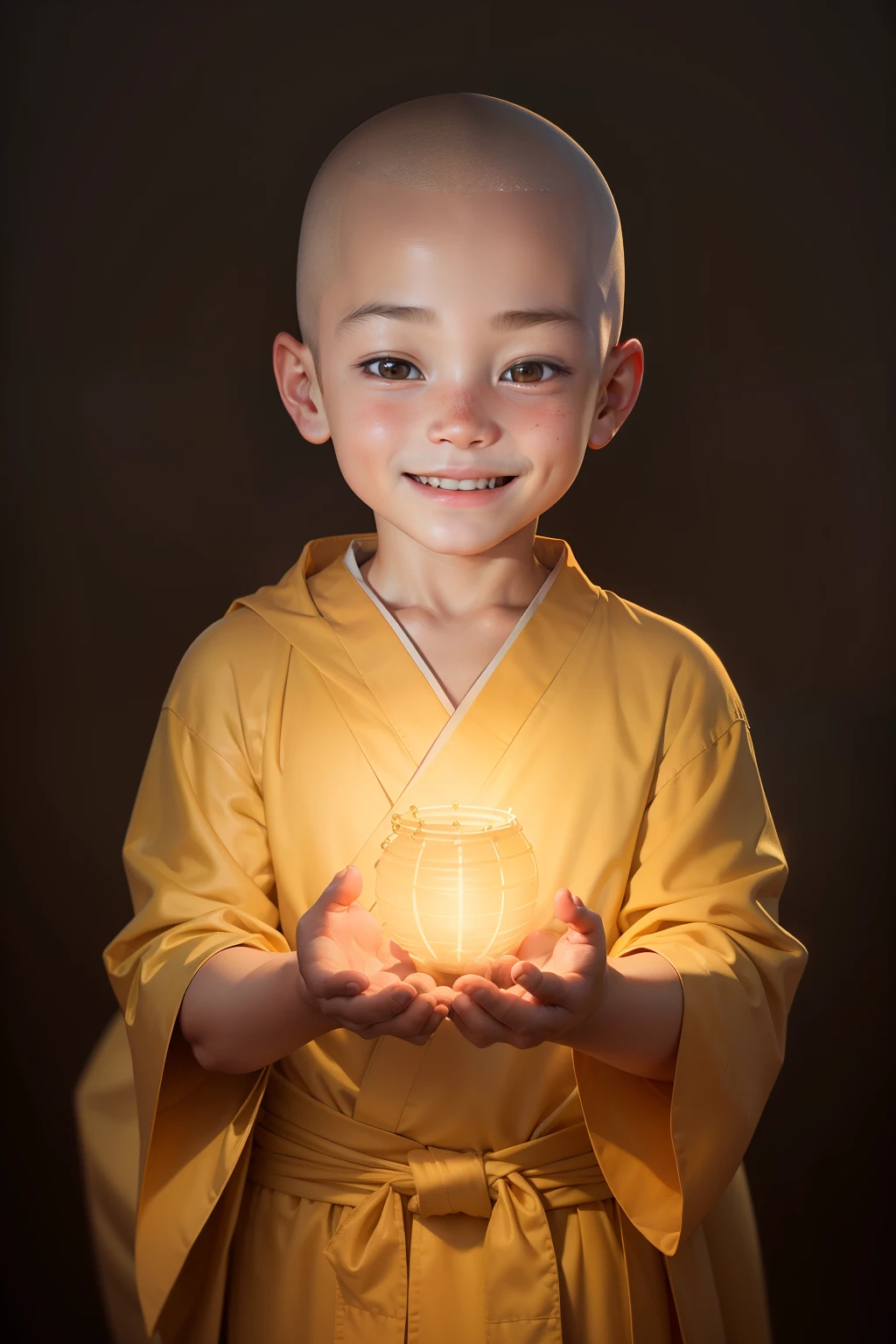 (A young boy with his hands folded, smiling directly at the camera: 1.9) (Appearing as an  around the age of 2: 1.8) (Focused on the upper body for a closer display: 1.7) (Surrounded by a radiant Buddha light, creating a realistic and sacred atmosphere: 1.8) (Resembling a monk with a shaved head and wearing a yellow robe: 1.9) (Wearing traditional robes: 1.6) (Rendered with a 3D effect for added depth: 1.8) (Featuring a cute expression and engaging with the audience: 1.9) (Considered a masterpiece in its presentation: 1.8)