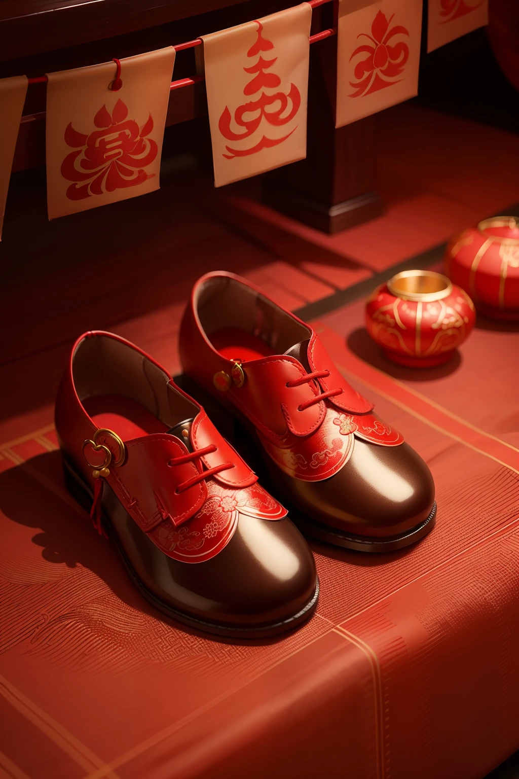 Red Chinese ethnic style children's shoes on red cloth,Traditional Chinese red lantern background,There are a few candies next to the shoes,Close-up shot,jubilation