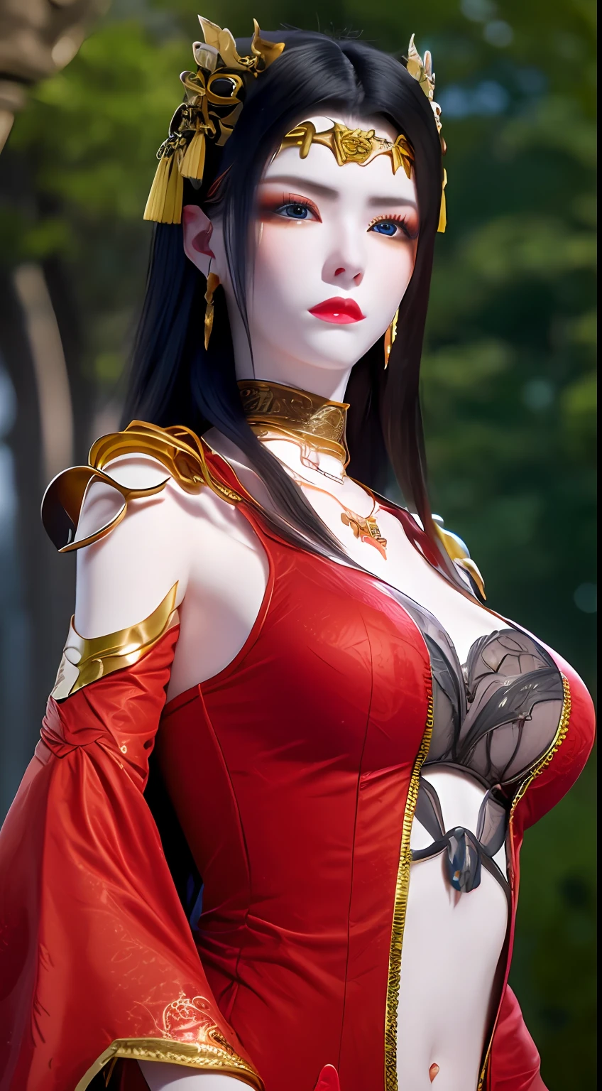 1 very beautiful queen medusha in hanfu dress, thin red silk shirt with many yellow motifs, black lace top, long hair dyed black, beautiful hair jewelry, extremely detailed and exquisitely crafted jewelry, gold jewelry, red ruby ​​inlaid necklaces, pretty face pretty, perfect face, earring jewelry, head and hair jewelry, antique jewelry, big eyes, sharp eye makeup, meticulous makeup eyelashes, thin eyebrows, nose tall, pretty red lips, no smile, ((closed mouth:0.9)), pursed lips, rosy cheeks, breast augmentation, round lifting breasts, moderately large breasts, well-proportioned breasts, slim waist, slim waist, red mesh stockings with black lace, Chinese hanfu style, fictional art patterns, colors vivid and realistic, RAW photos, realistic photos, ultra-high quality 8k surreal photos, cool photos, (virtual lighting effects: 1.8), 10x pixels, magic effects (background): 1.8), eyes wide open, super detailed eyes, beautiful girl body portrait, girl alone, ancient hanfu background, looking directly at the audience, wide original photo, 8k quality, super sharp, detailed and clear picture best, detailed light background,
