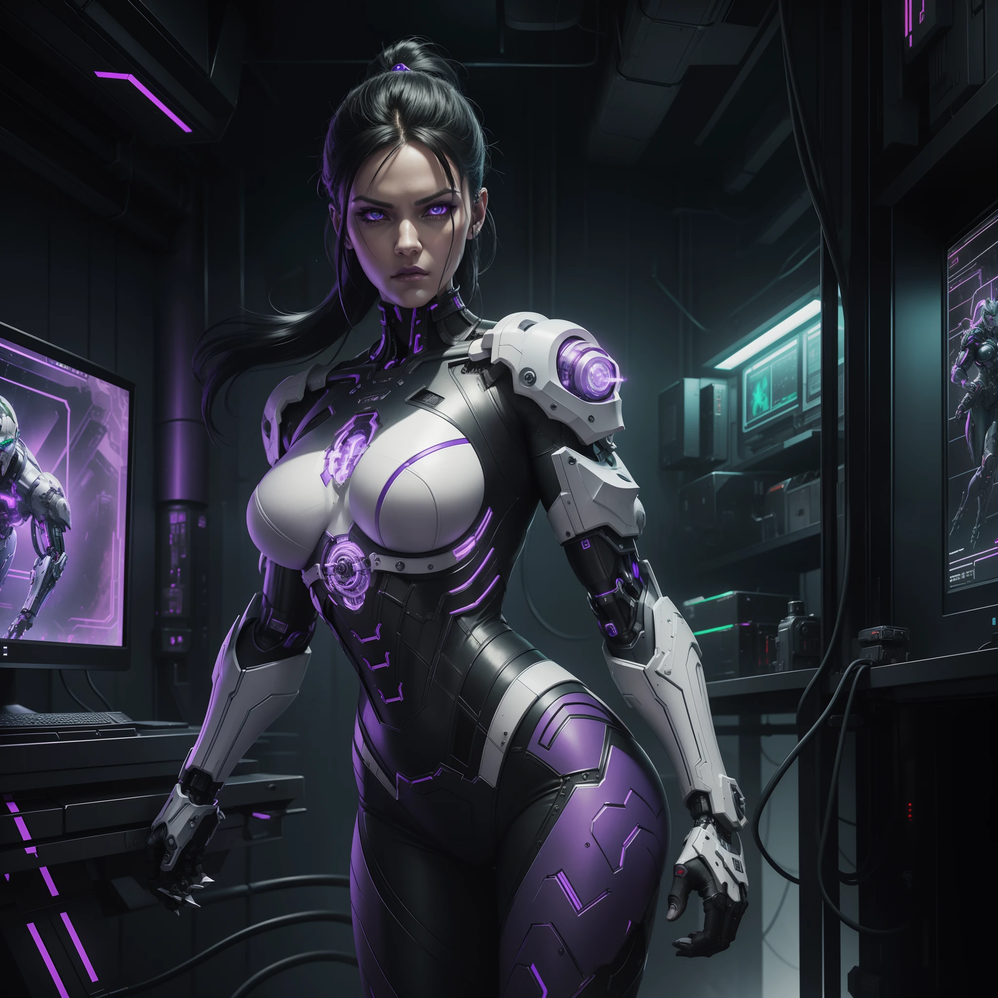 Helltaker_style, cyborg woman, white, purple and green rivets, muscles cable wires,  pose, cybernetic, cyberpunk,  Masterpiece, digital illustration, awesome background, focused, approaching perfection, dynamic, highly detailed, art station, concept art, sharp soft focus, illustration, unreal engine, detailed and intricate environment