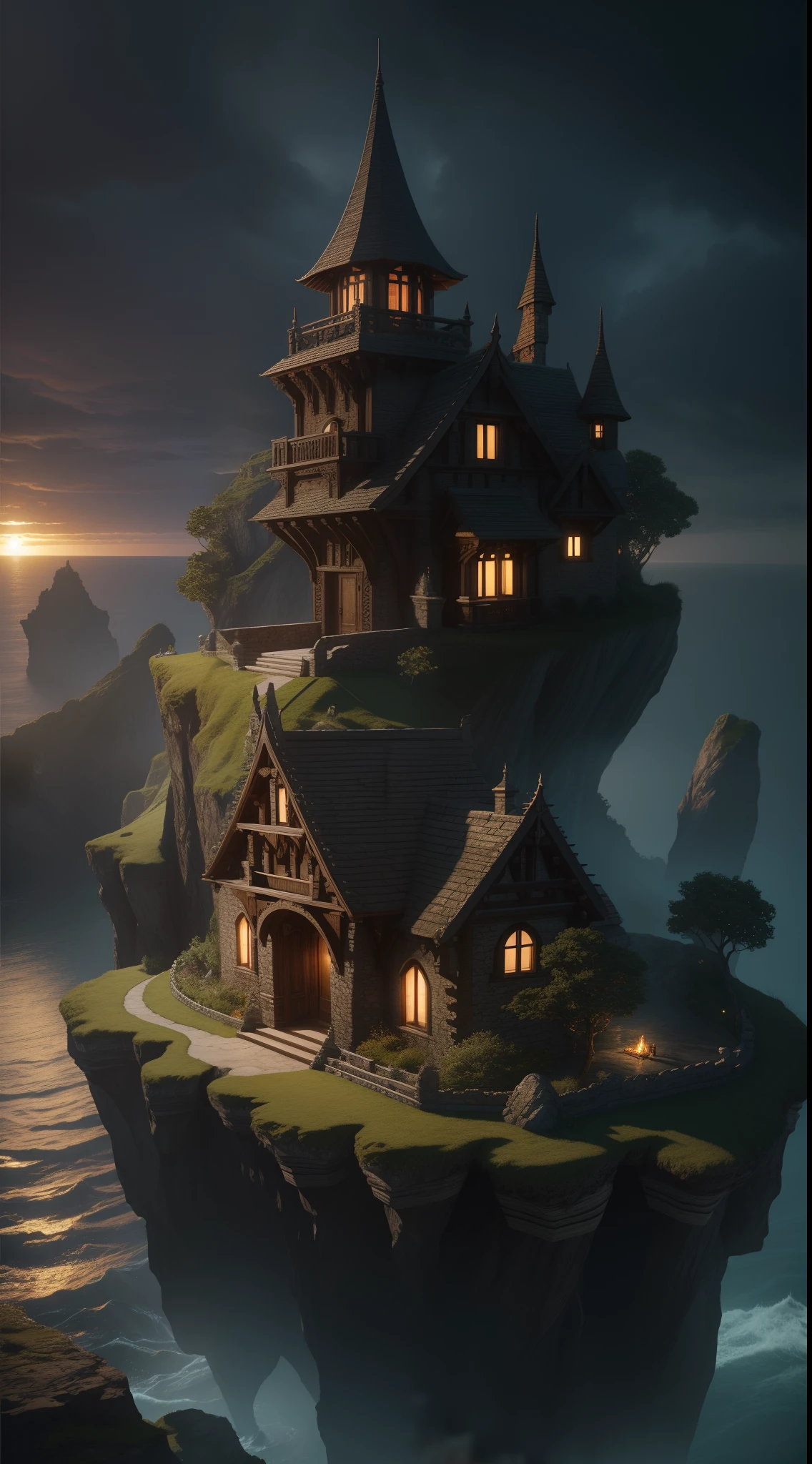 Fantasy00d, extreme detail, 8k, ultra quality, masterpiece, depth of field, octane render, smooth lighting, hyper realistic, intricate sharp details, dramatic lighting, by Antonio Manzanedo, an estranged cottage atop a cliff overlooking a vast and otherwordly ocean