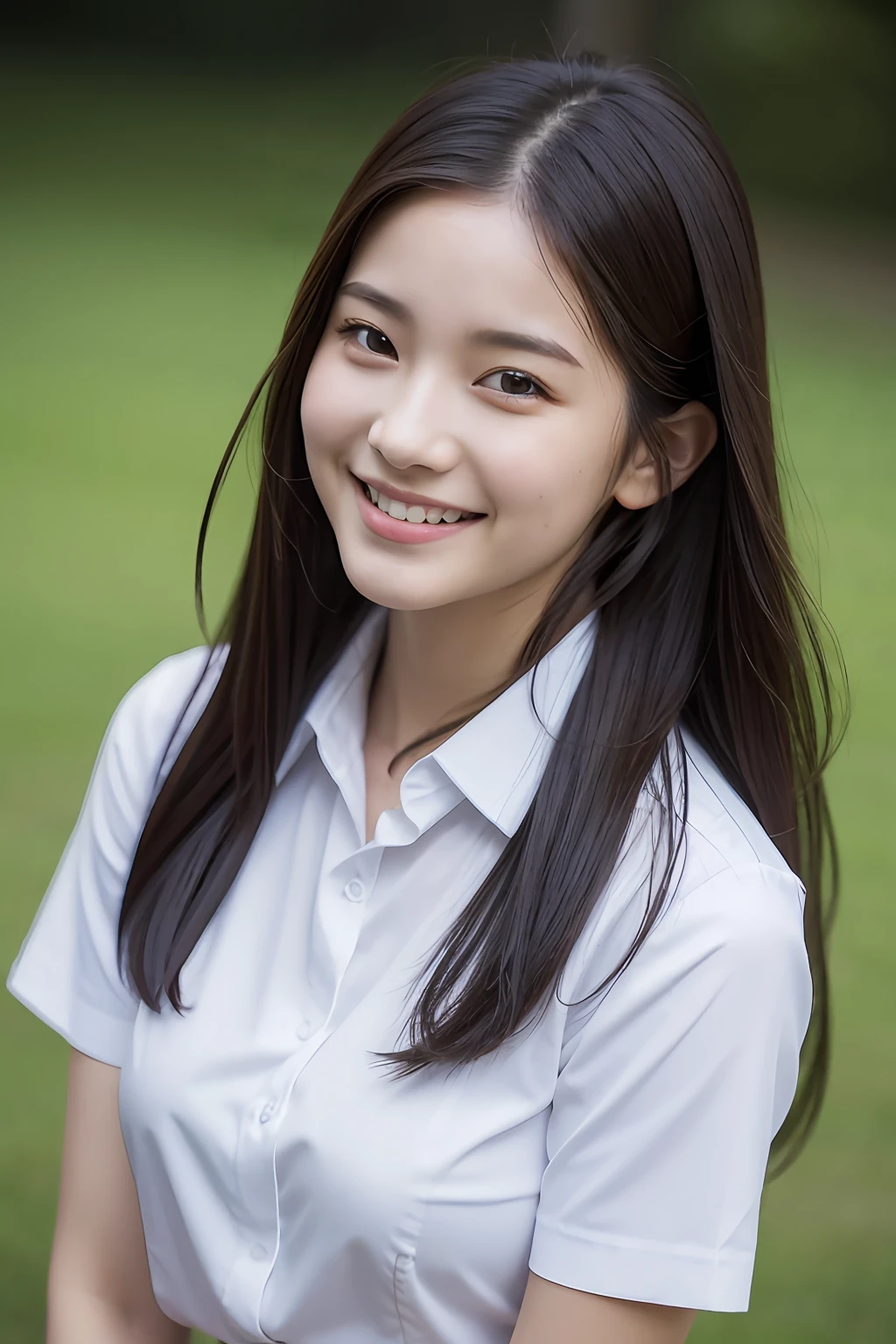A close up of a woman in a white shirt smiling - SeaArt AI