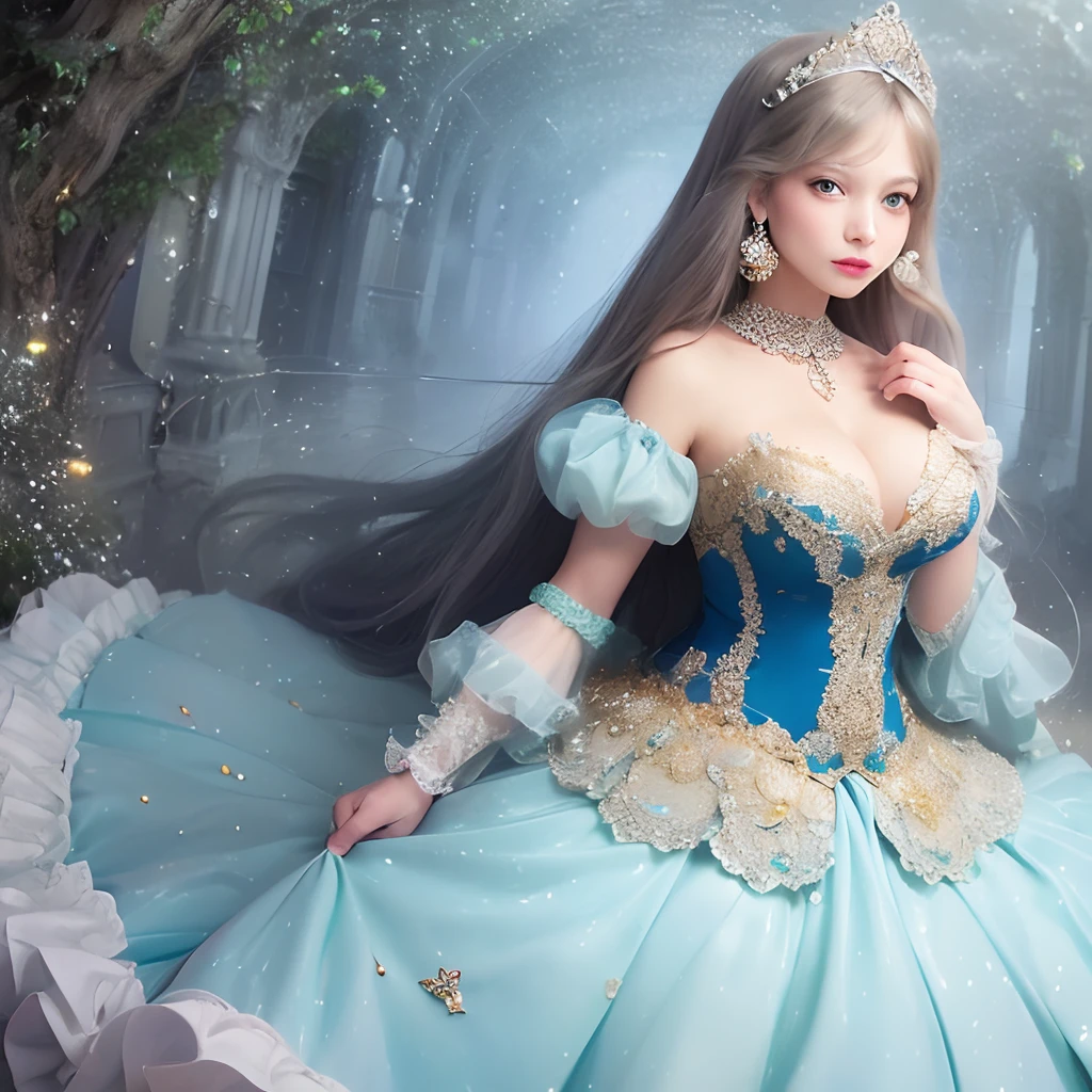 ((Fantasy Art Style)),(masutepiece),(Best Quality), (Super Detail),((Very delicate and beautiful)),(((Solo))),((Full body portrait)),(((1 princess in gorgeous princess rococo ball gown with voluminous full-length hoop skirt))),((crinoline)),Long Train,((Stand in the garden)),(Gorgeous Gemstone Jewelry),Detailed face and eyes,Eyes Like Gems,((Large amount of straight hair,Very voluminous hair,Very long straight hair)),(cleavage,Very gorgeous hair ornament,((Tiara adorned with glitter and very gorgeous jewels)),((Dynamic Angle)),Looking at Viewer,,Flowers,Petals flow,(((Gorgeous Princess Rococo Ball Gown with Voluminous Full Length Hoop Skirt)))