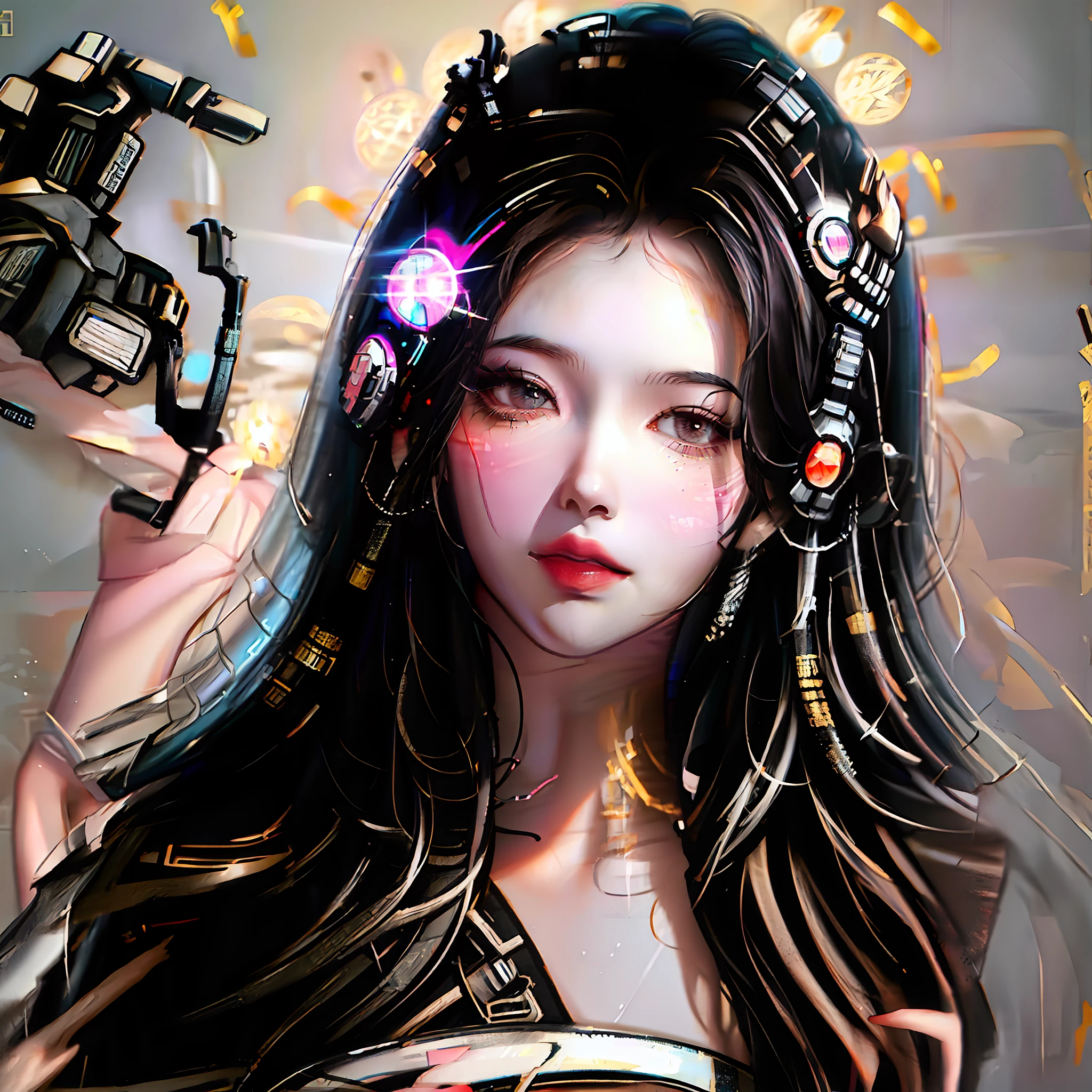 Beautiful woman in black silk high heels,cyber punk style,