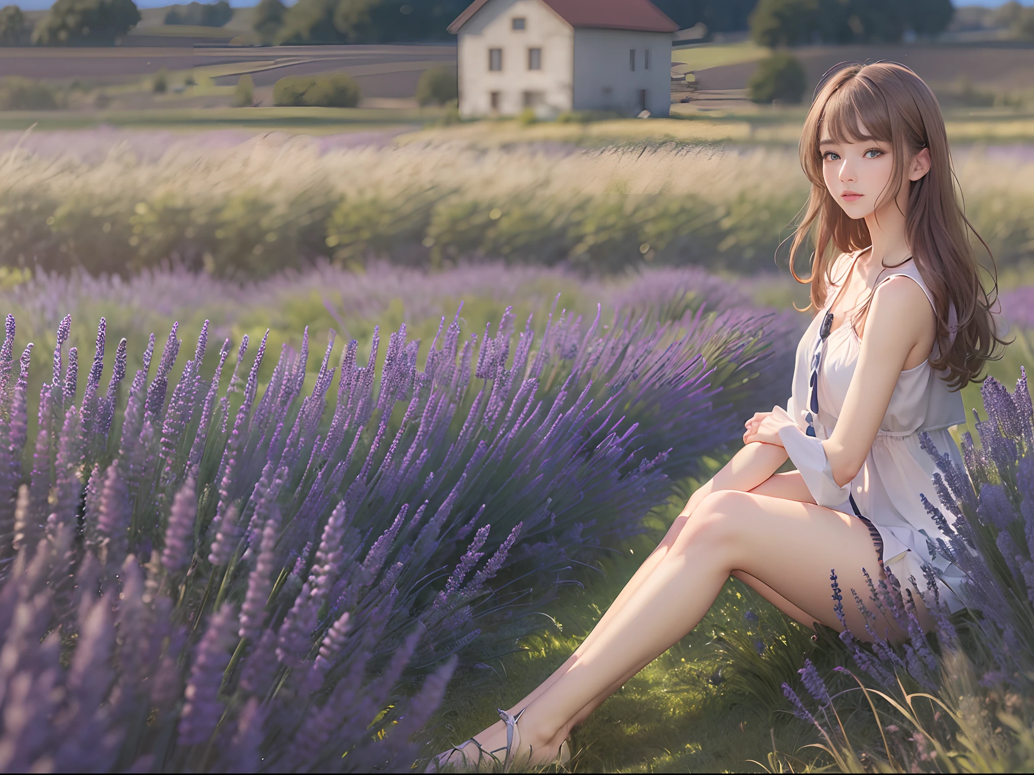 (( Real Light, Top Quality, 8k, Masterpiece: 1.3)), Normal Body Shape: 1.4, (Brown Hair, Colossal: 1.8),sitting , Open Legs, Ultra Detailed Face, Detailed Eyes, Double Eyelids, naked school girls in the lavender field