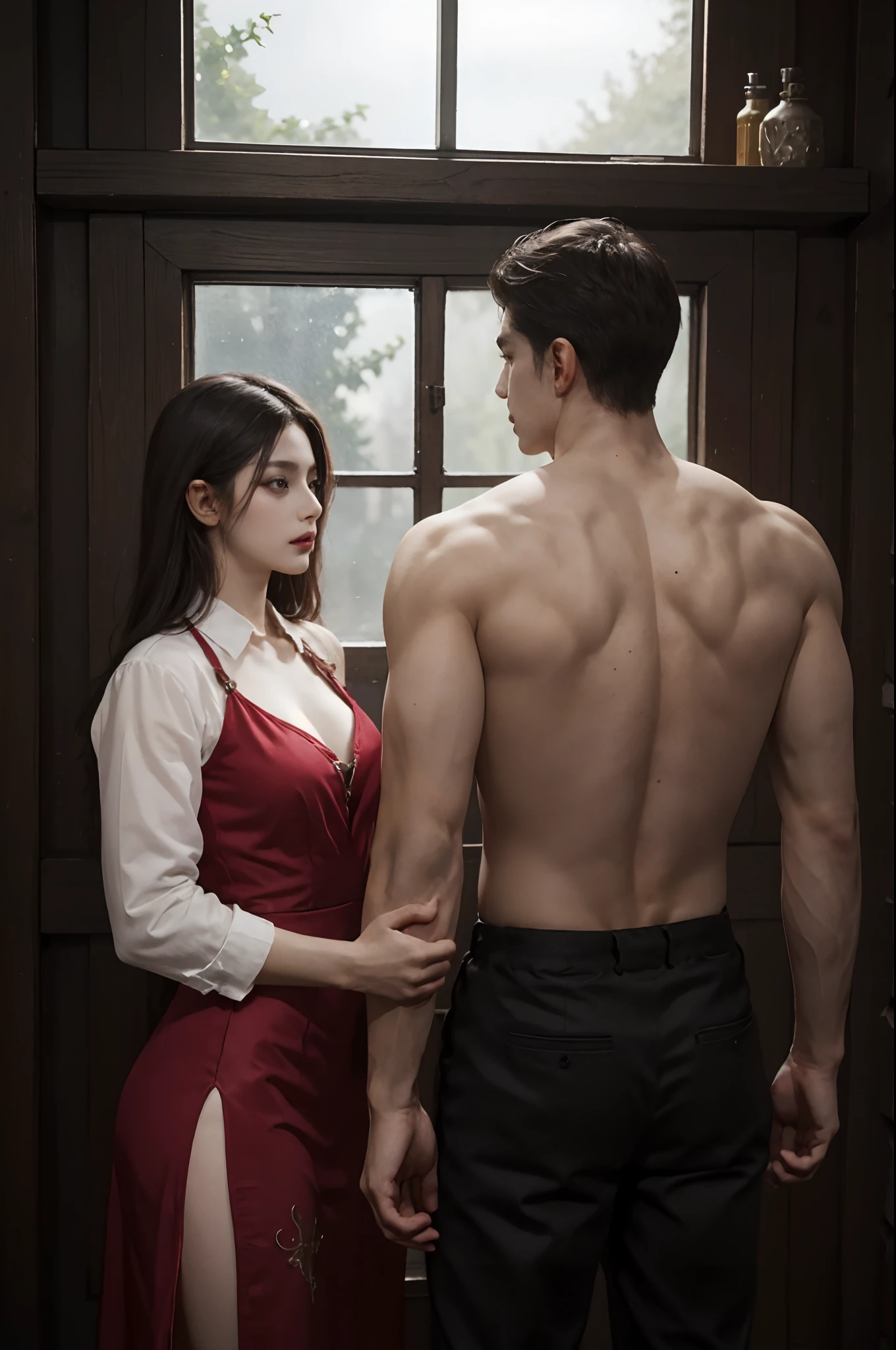 There is a man and a woman posing in front of the mirror, concept art by Eugeniusz Zak, cgsociety contest winner, Fantasy art, romance novel cover, muscular features, roberto ferri and ruan jia, NeoArtcore和Charlie Bowater(charlie bowater), charli bowater and artgeem, wlop and andrei riabovitchev