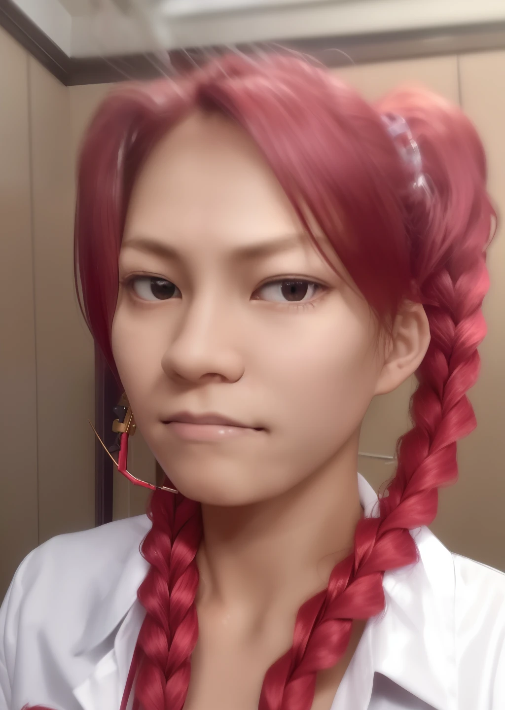 (masterpiece), (best quality),makima \(chainsaw man\), best quality, ultra detailed, 1girl, solo, standing, red hair, long braided hair, golden eyes, sexy, tied up \(nonsexual\), bangs, medium breasts, white shirt, necktie, stare, smile, (evil:1.2), looking at viewer, (interview:1.3), (dark background, chains:1.3)
